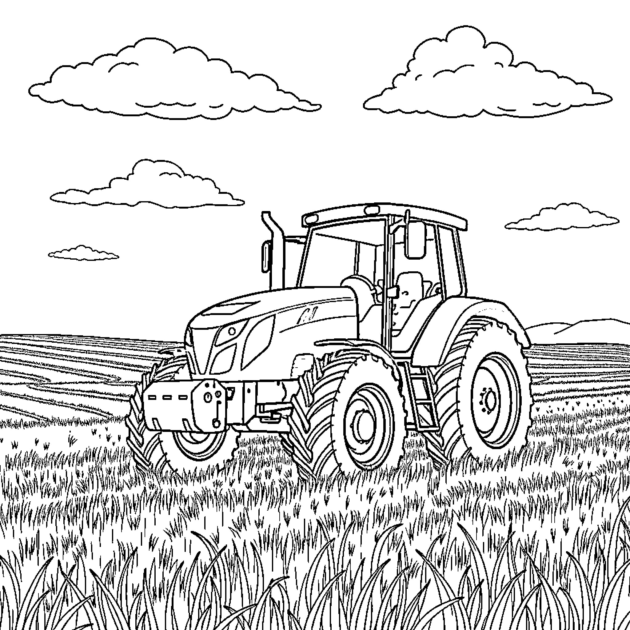 Tractor working in the fields Coloring Page (free black-and-white line drawing printable PDF for all, from beginners to advanced learners, including children, teens, adults, and seniors)
