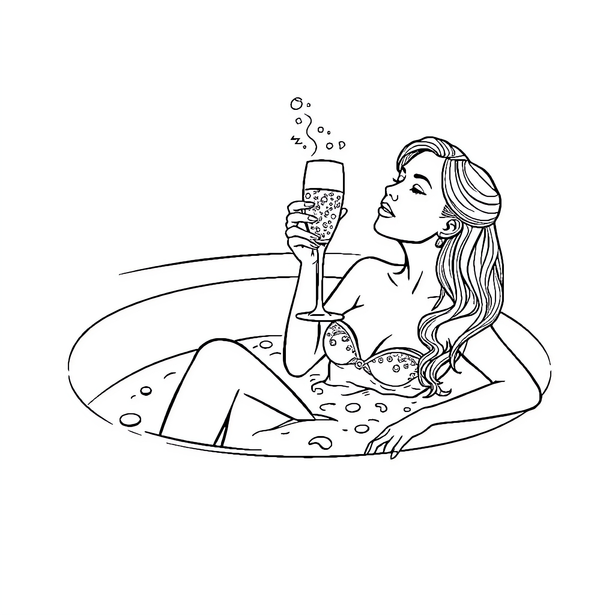 Jacuzzi party with bubbly drinks Coloring Page (free black-and-white line drawing printable PDF for all, from beginners to advanced learners, including children, teens, adults, and seniors)
