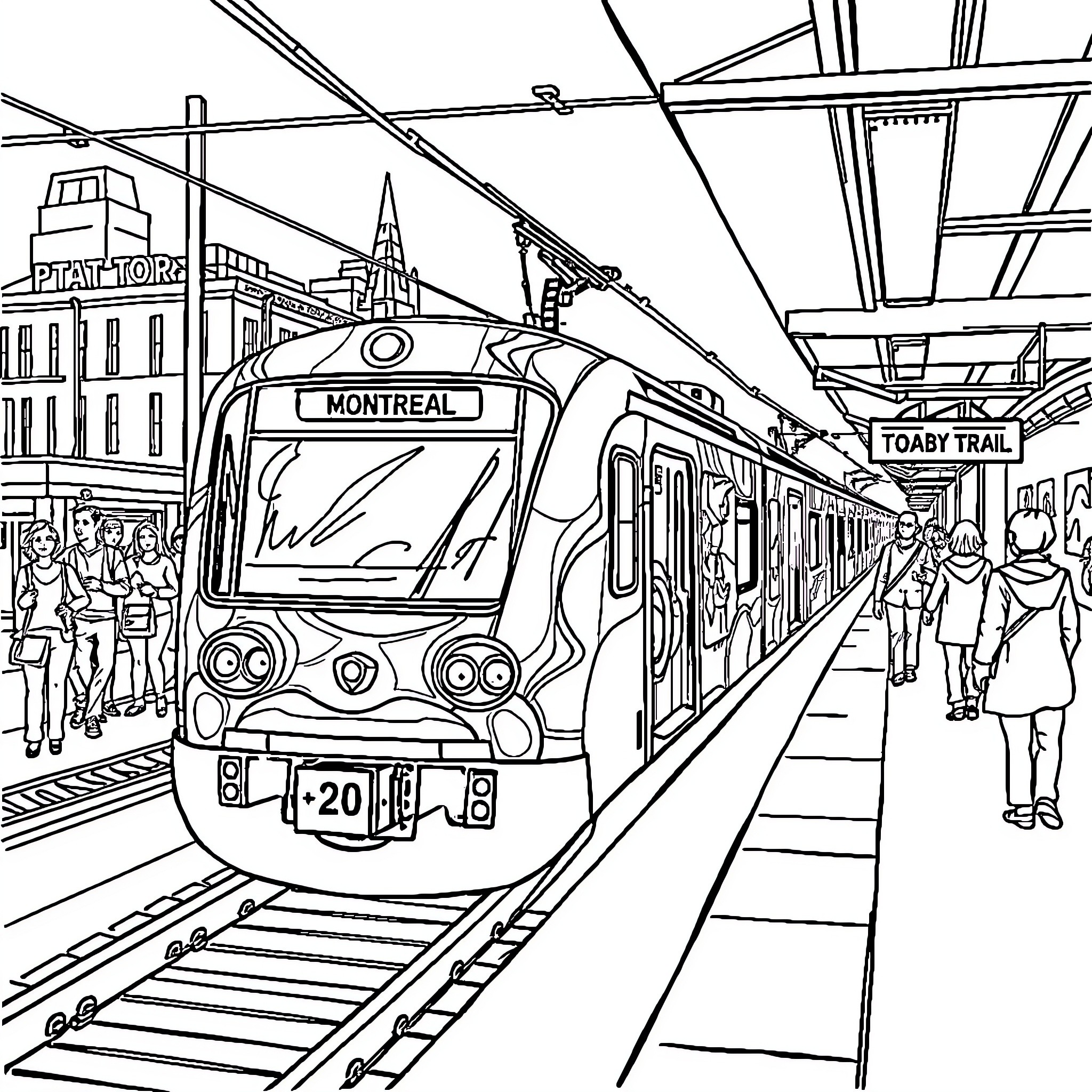 Train arriving at a bustling urban station Coloring Page (free black-and-white line drawing printable PDF for all, from beginners to advanced learners, including children, teens, adults, and seniors)
