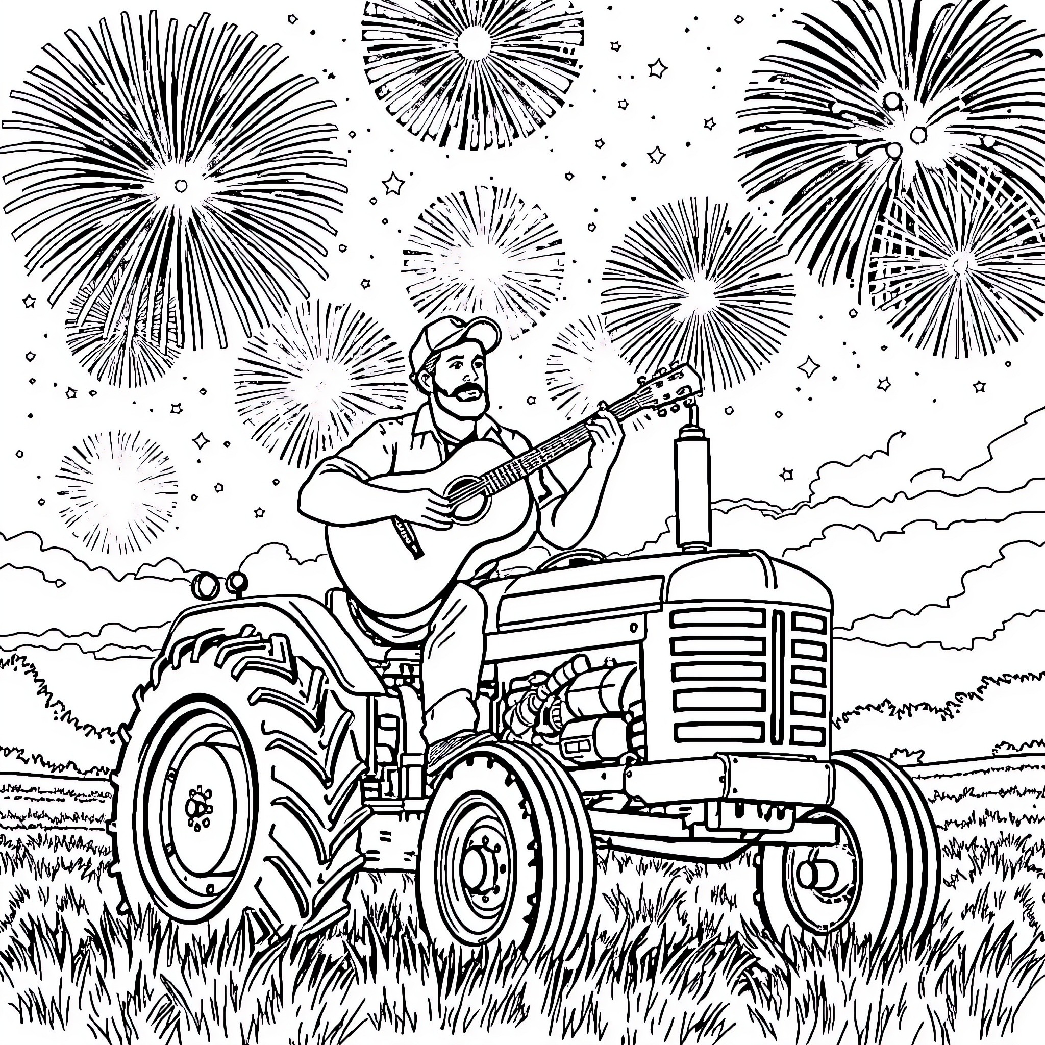 Tyler Childers playing guitar on a tractor under fireworks Coloring Page (free black-and-white line drawing printable PDF for all, from beginners to advanced learners, including children, teens, adults, and seniors)