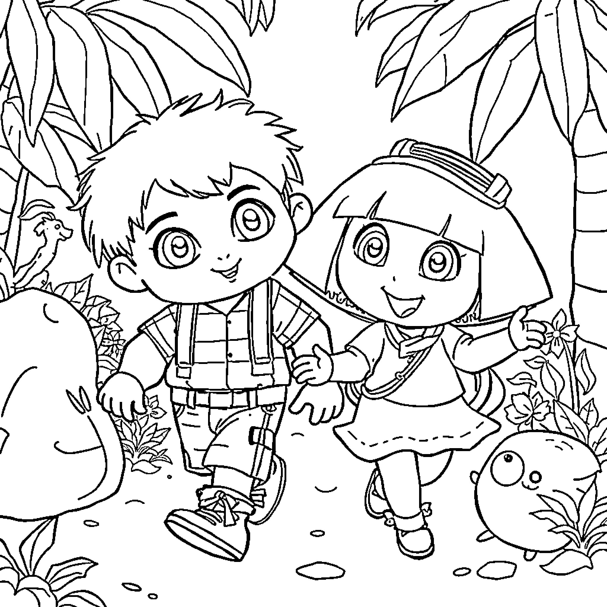Chucky and Dora explore the jungle Coloring Page (free black-and-white line drawing printable PDF for all, from beginners to advanced learners, including children, teens, adults, and seniors)