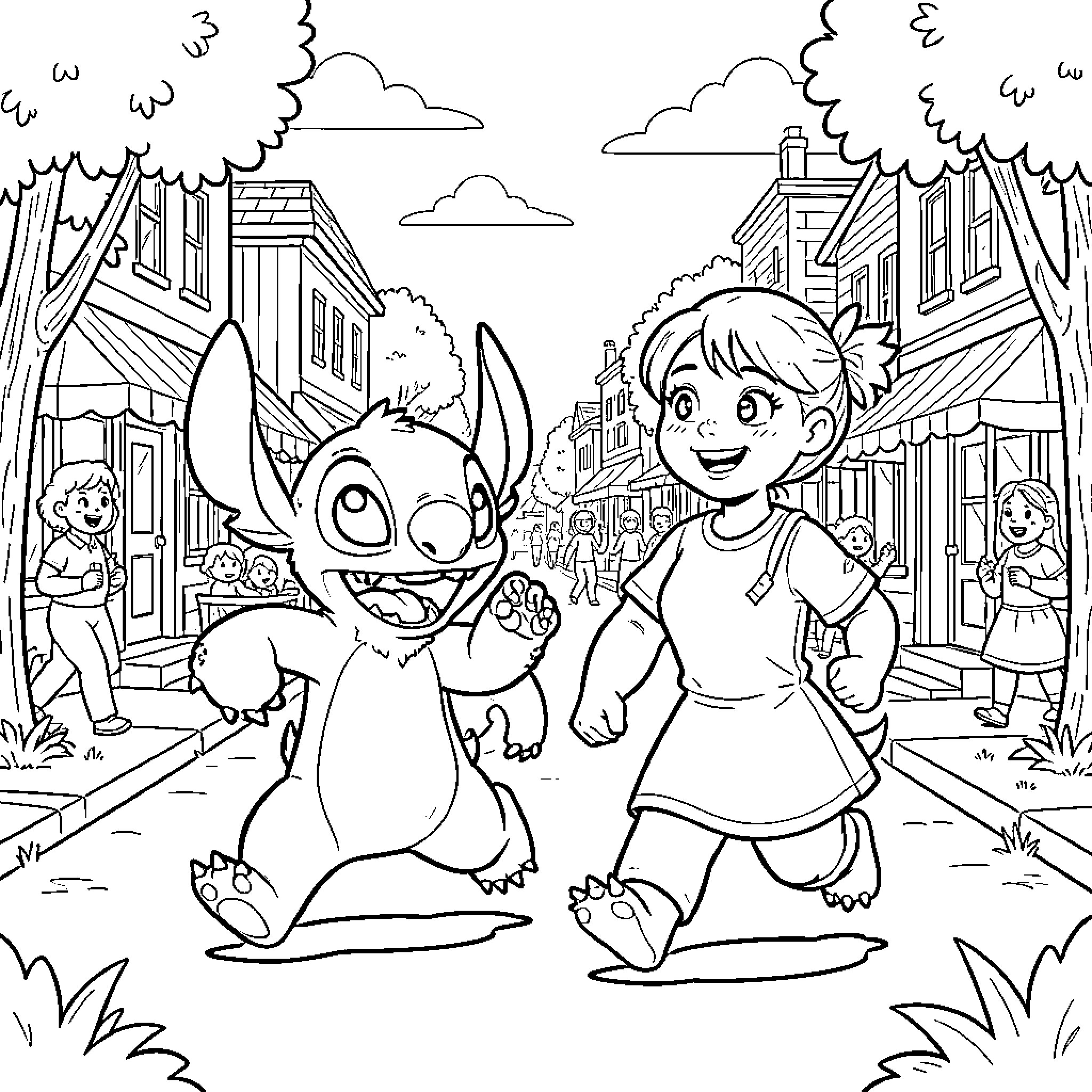 Stitch and Lilo running happily through a town street Coloring Page (free black-and-white line drawing printable PDF for all, from beginners to advanced learners, including children, teens, adults, and seniors)