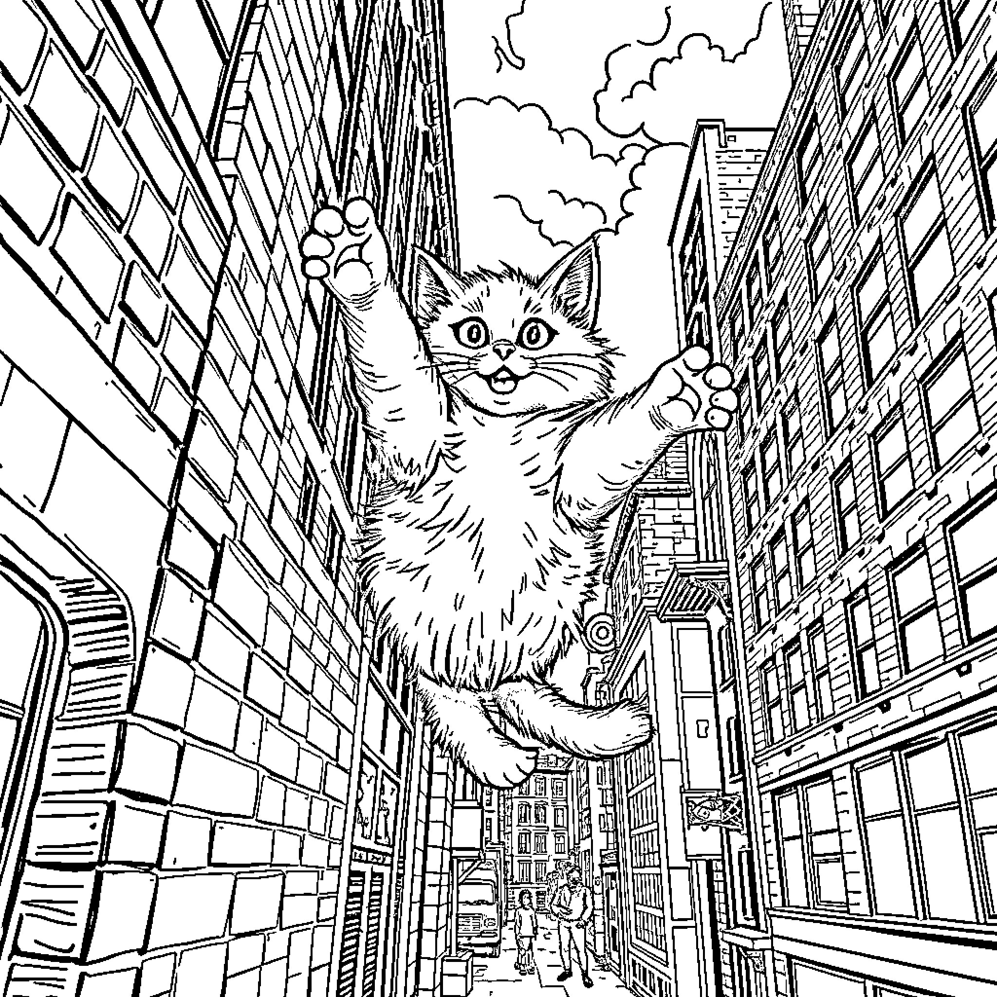 Cat exploring the city skyline Coloring Page (free black-and-white line drawing printable PDF for all, from beginners to advanced learners, including children, teens, adults, and seniors)