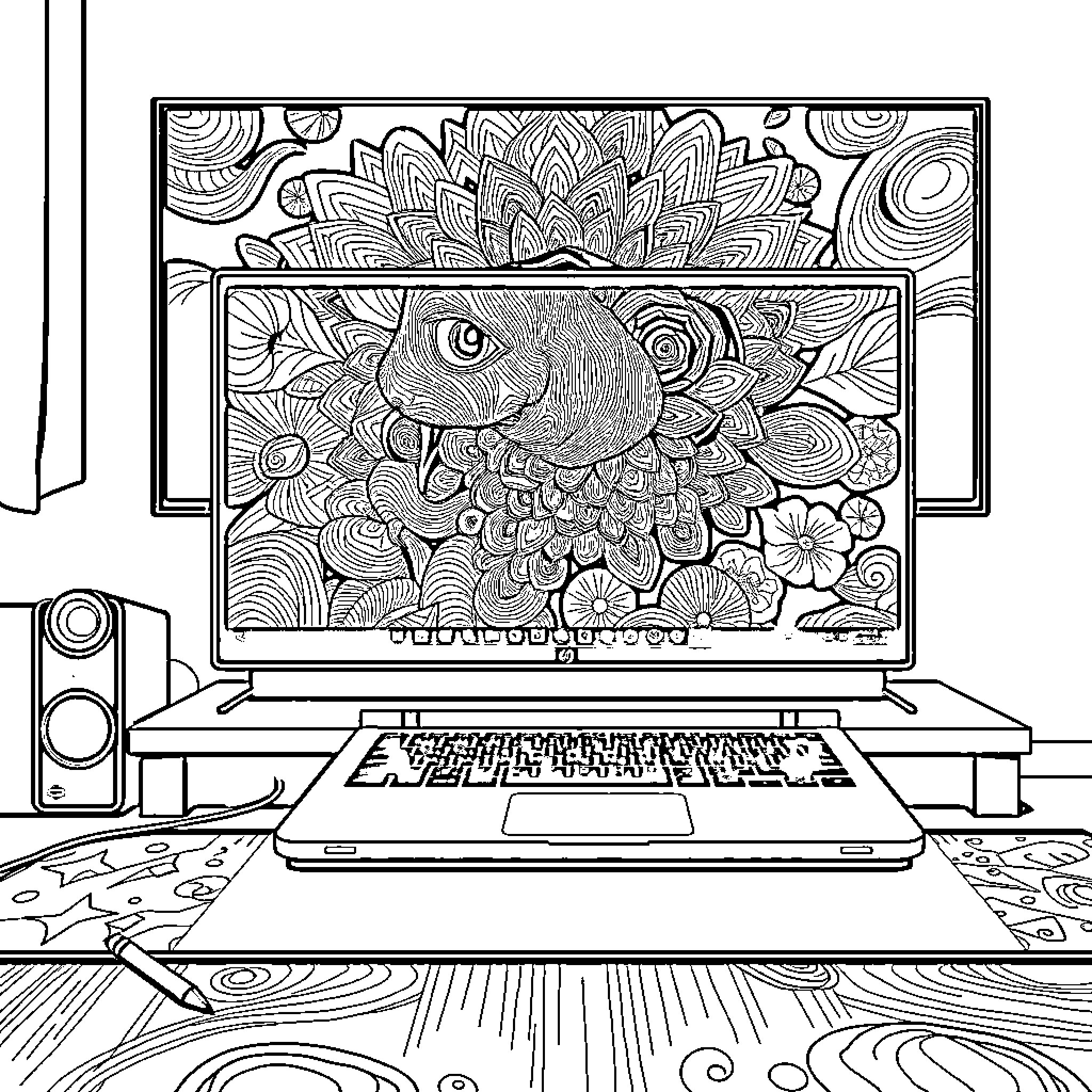 HP Chromebook displayed on desk with intricate floral art Coloring Page (free black-and-white line drawing printable PDF for all, from beginners to advanced learners, including children, teens, adults, and seniors)