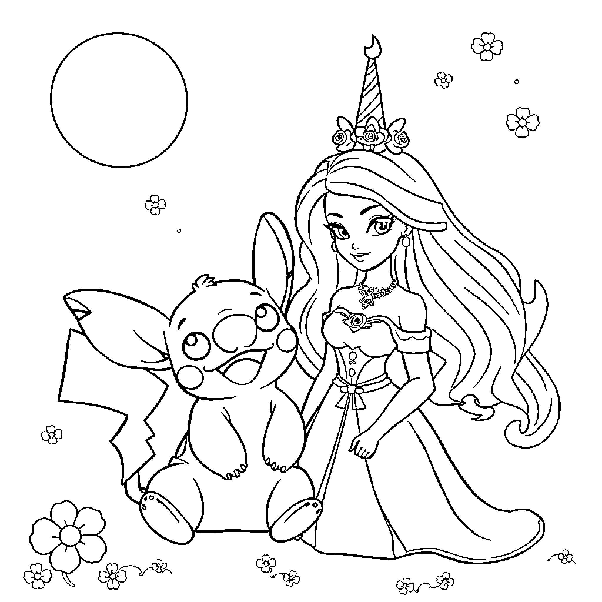 Licorne: Princess with Whimsical Creature Coloring Page (free black-and-white line drawing printable PDF for all, from beginners to advanced learners, including children, teens, adults, and seniors)