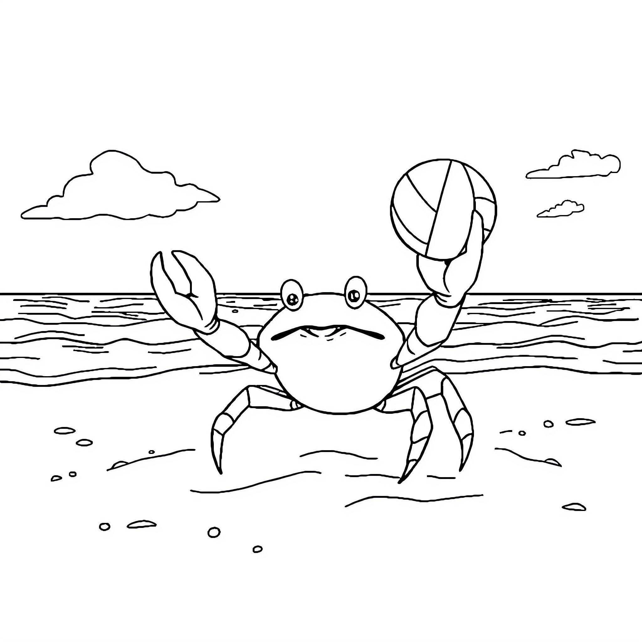 Crab relaxing on the beach Coloring Page (free black-and-white line drawing printable PDF for all, from beginners to advanced learners, including children, teens, adults, and seniors)