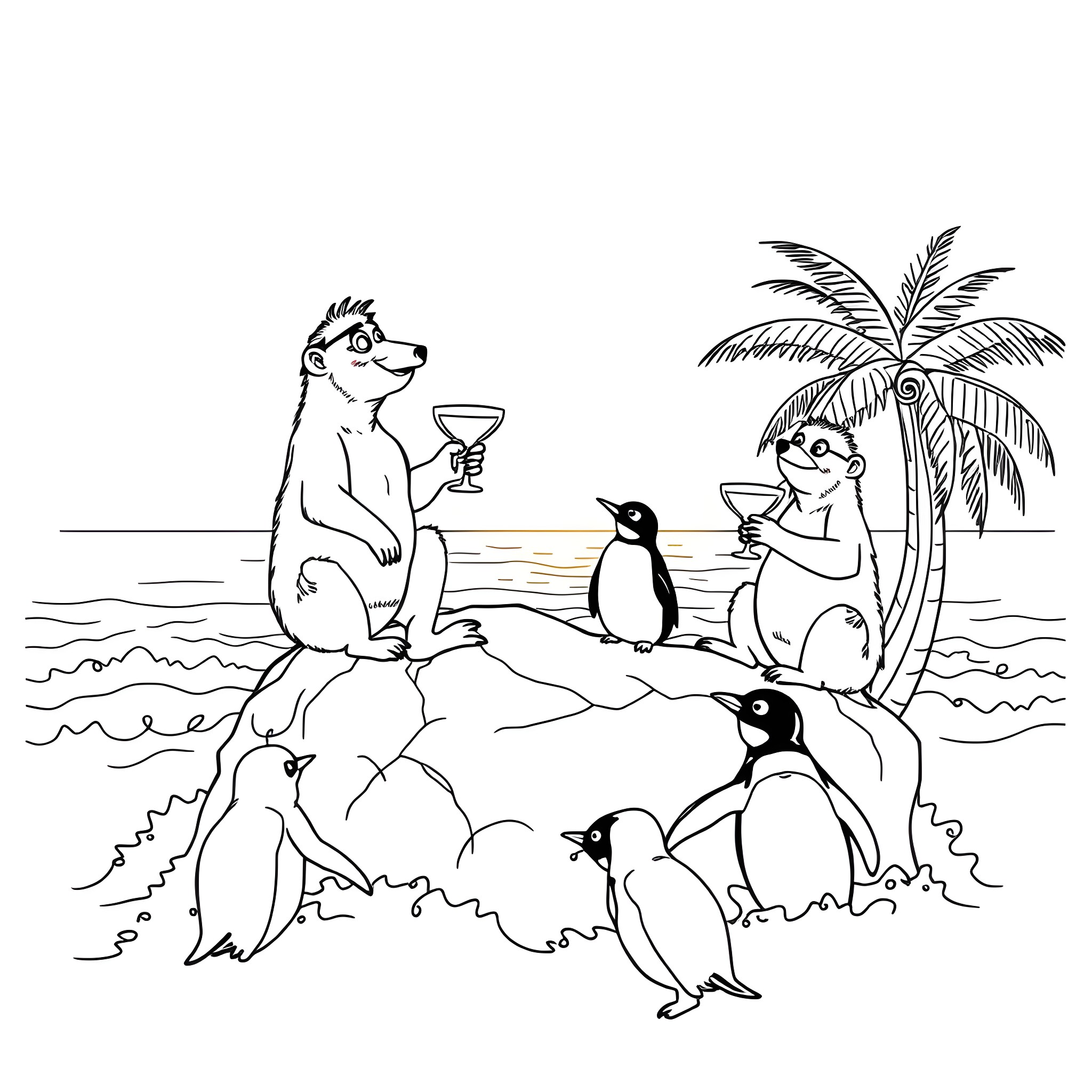 Rock Hyrax enjoying cocktails with penguins on the beach Coloring Page (free black-and-white line drawing printable PDF for all, from beginners to advanced learners, including children, teens, adults, and seniors)