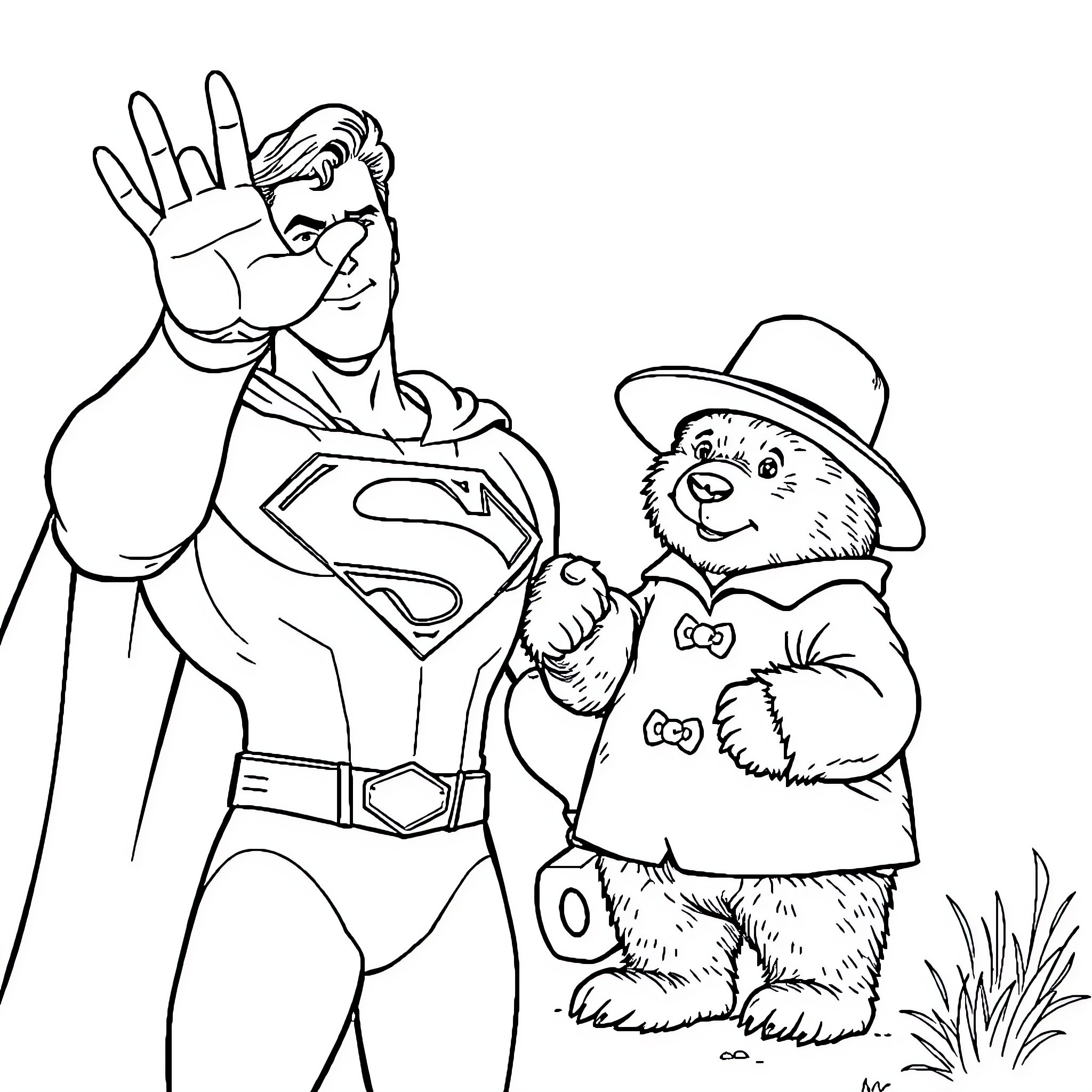 Superman heroically rescuing adorable animal character Coloring Page (free black-and-white line drawing printable PDF for all, from beginners to advanced learners, including children, teens, adults, and seniors)
