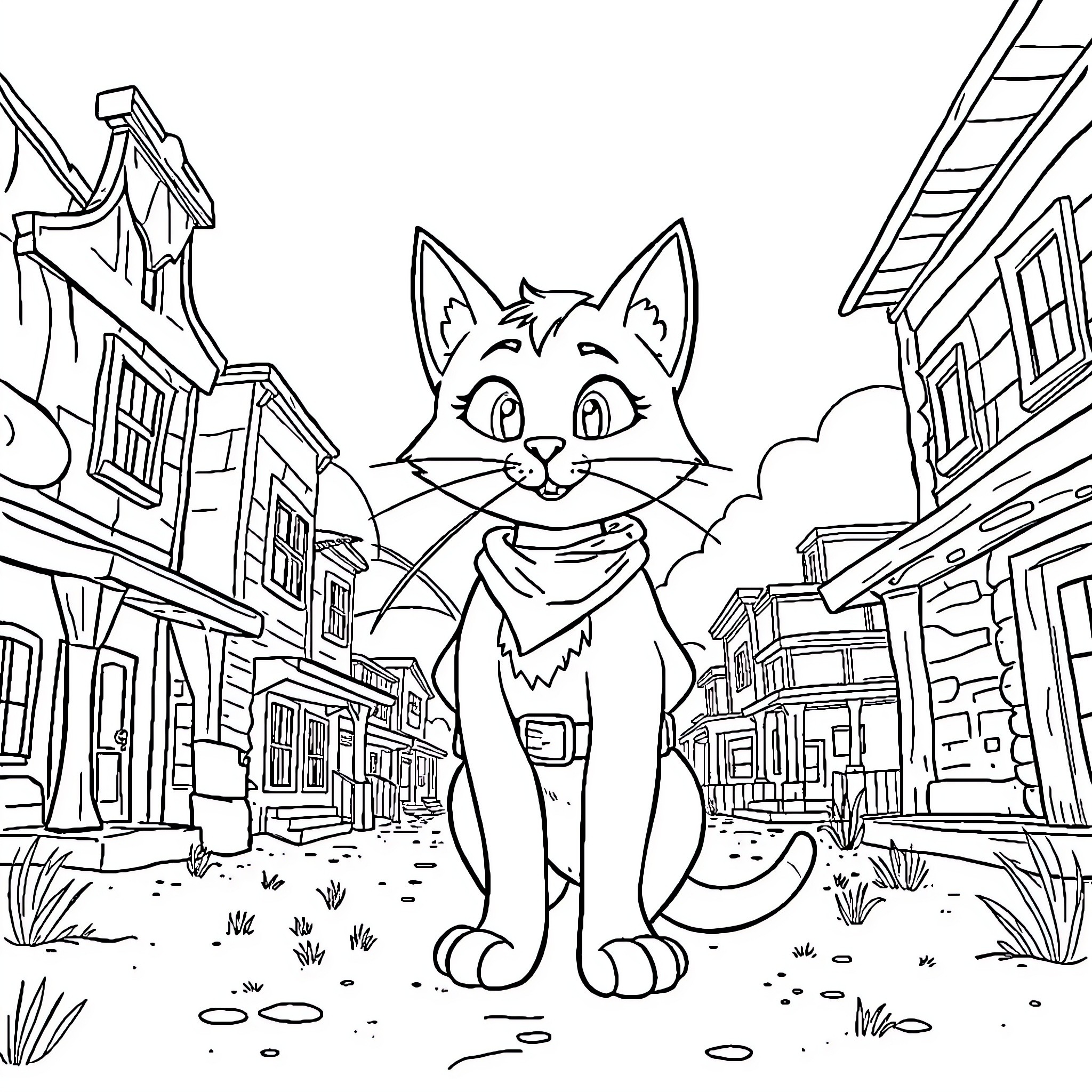Cat explores quaint village street Coloring Page (free black-and-white line drawing printable PDF for all, from beginners to advanced learners, including children, teens, adults, and seniors)