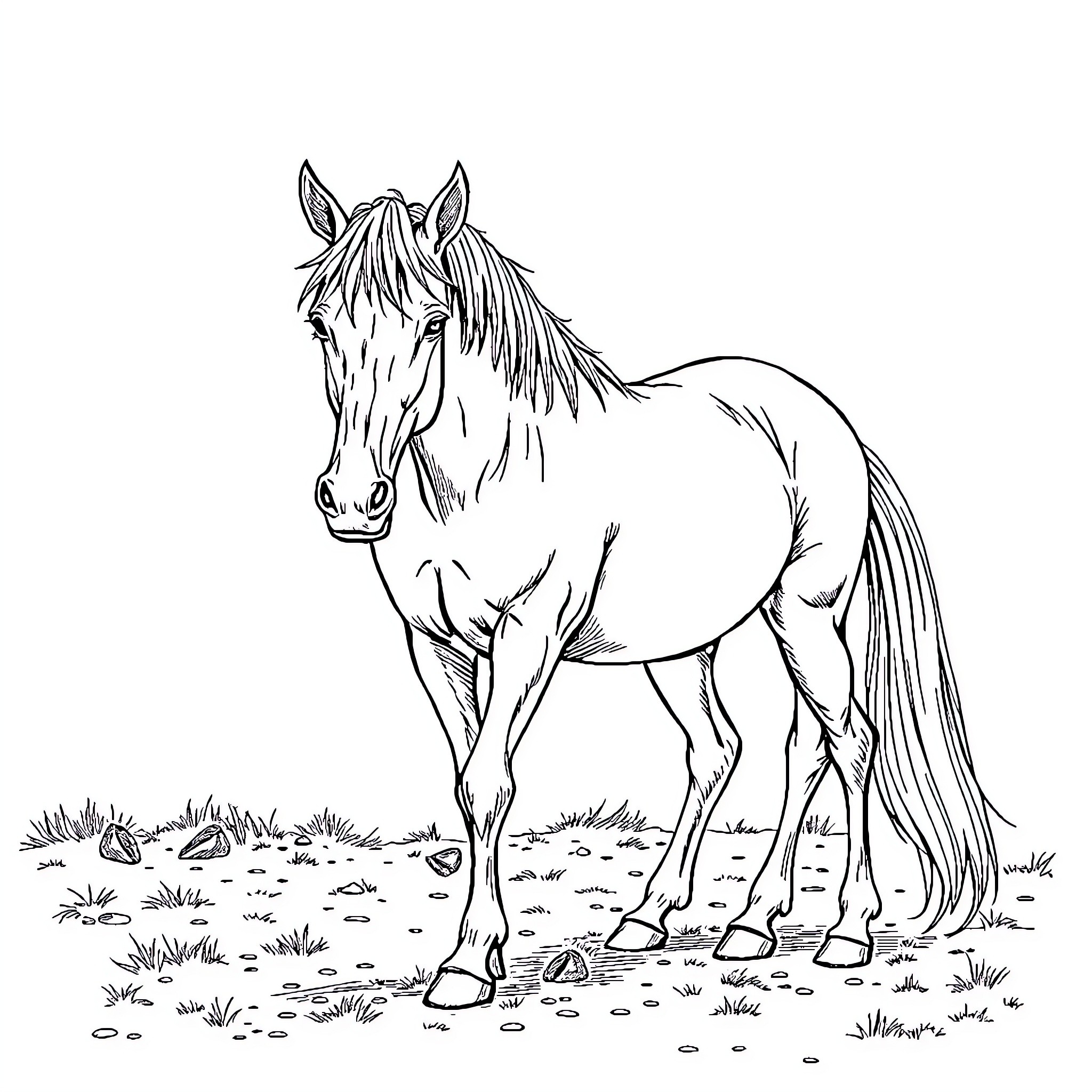 Horse standing tall in grassy field Coloring Page (free black-and-white line drawing printable PDF for all, from beginners to advanced learners, including children, teens, adults, and seniors)