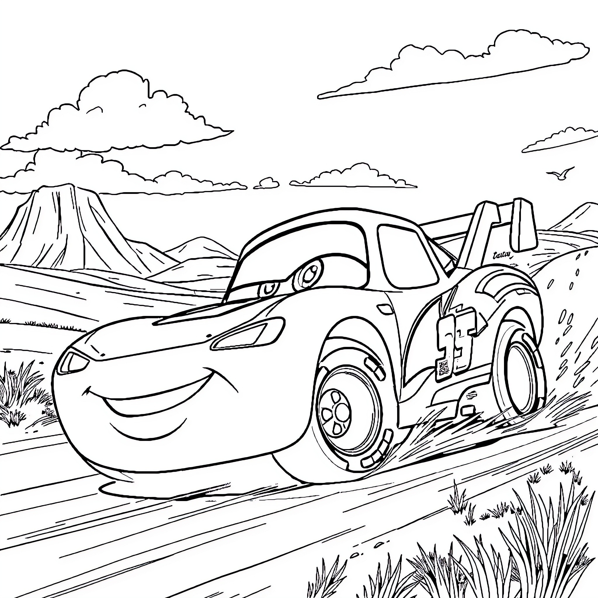 Lightning McQueen racing through the desert landscape Coloring Page (free black-and-white line drawing printable PDF for all, from beginners to advanced learners, including children, teens, adults, and seniors)