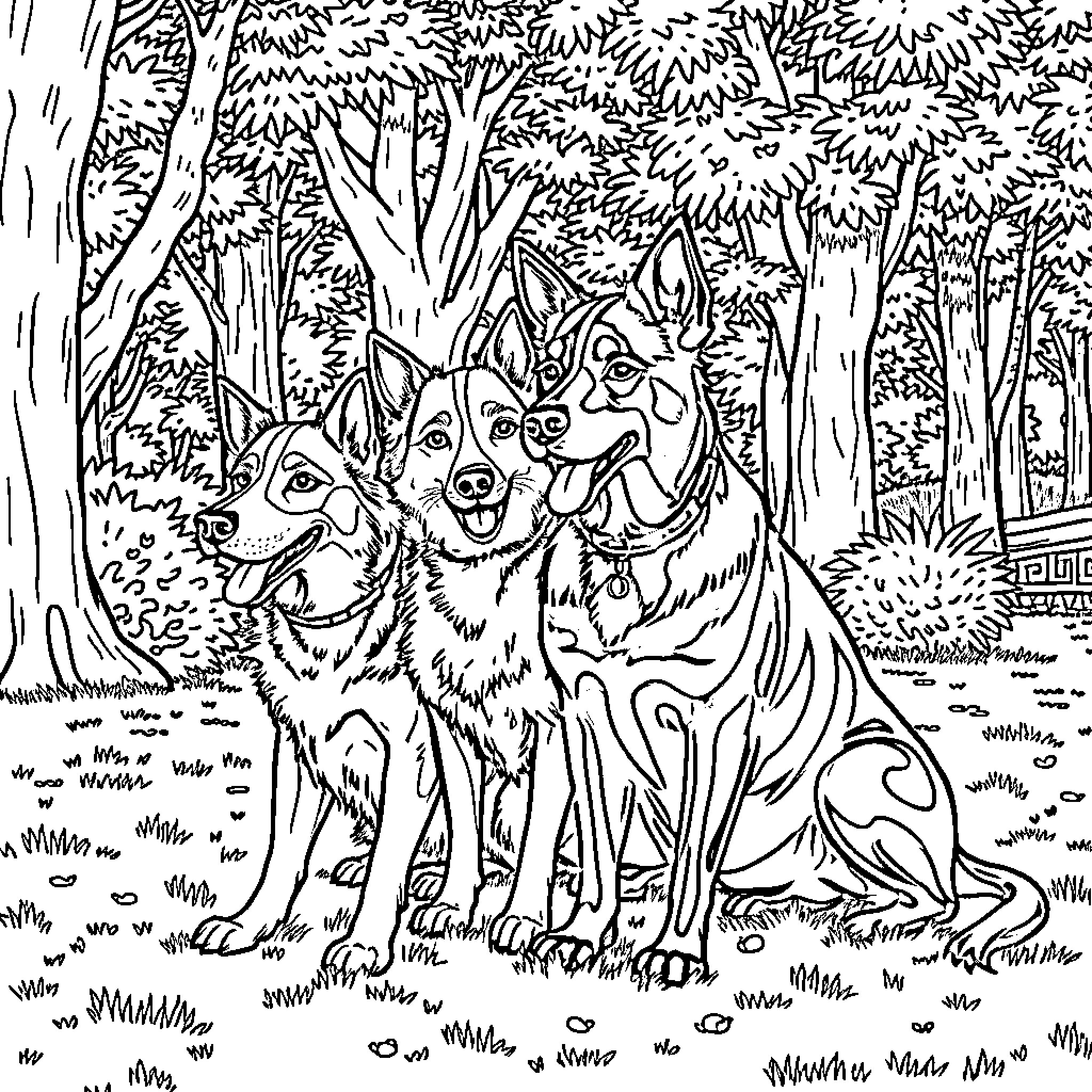 Perro pack exploring the forest Coloring Page (free black-and-white line drawing printable PDF for all, from beginners to advanced learners, including children, teens, adults, and seniors)