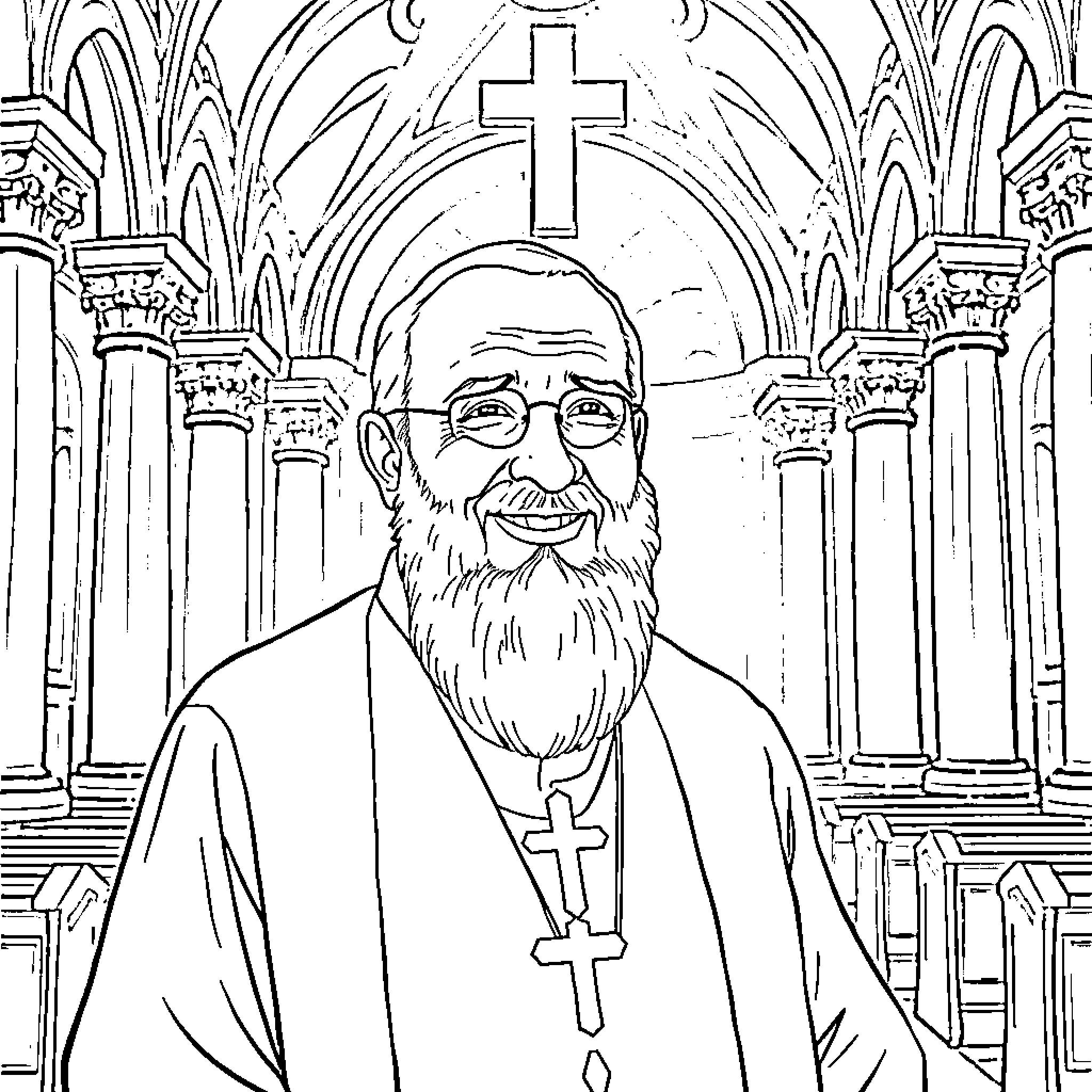 Padre Pio in an ecclesiastical setting Coloring Page (free black-and-white line drawing printable PDF for all, from beginners to advanced learners, including children, teens, adults, and seniors)