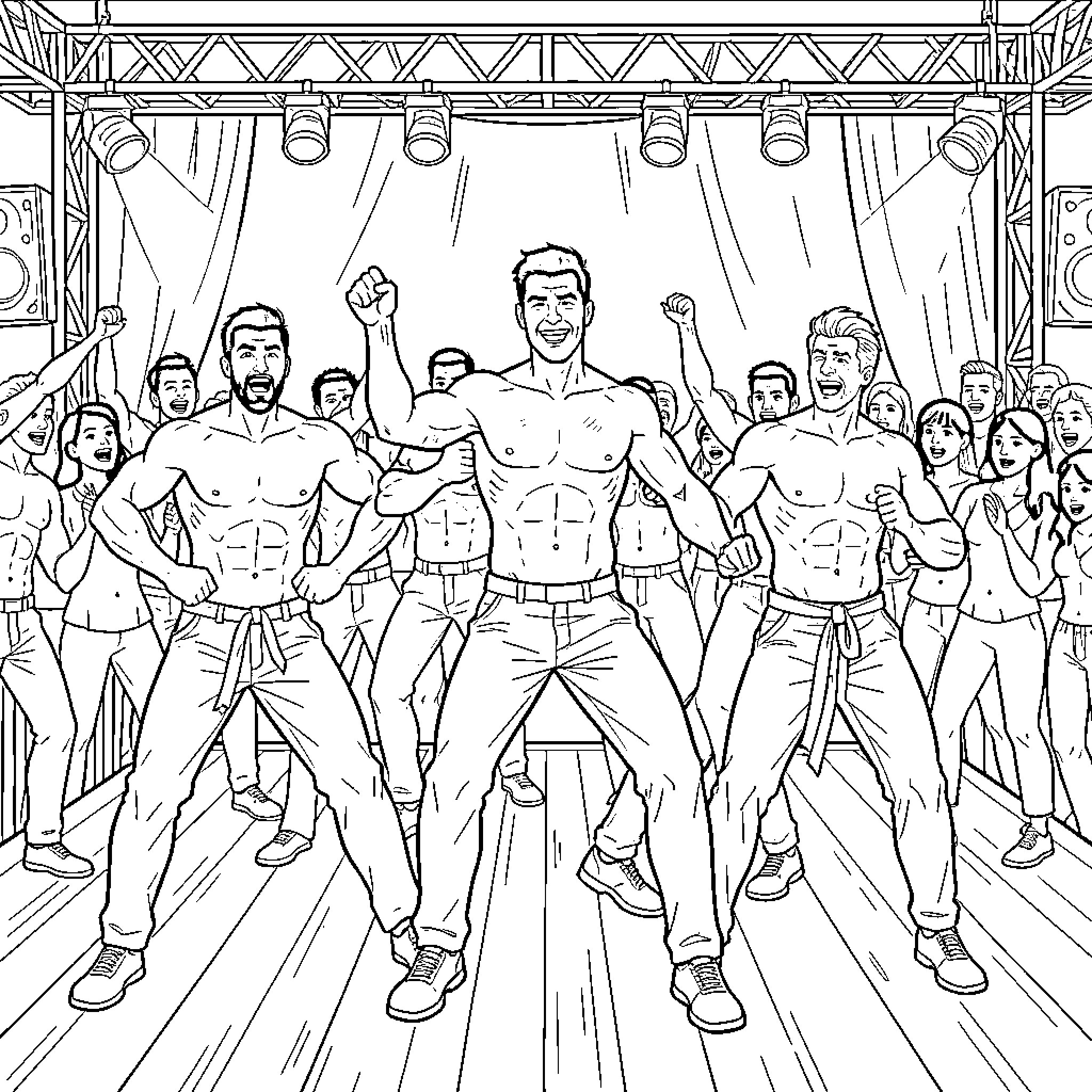 Man leading a group of muscular individuals on stage Coloring Page (free black-and-white line drawing printable PDF for all, from beginners to advanced learners, including children, teens, adults, and seniors)