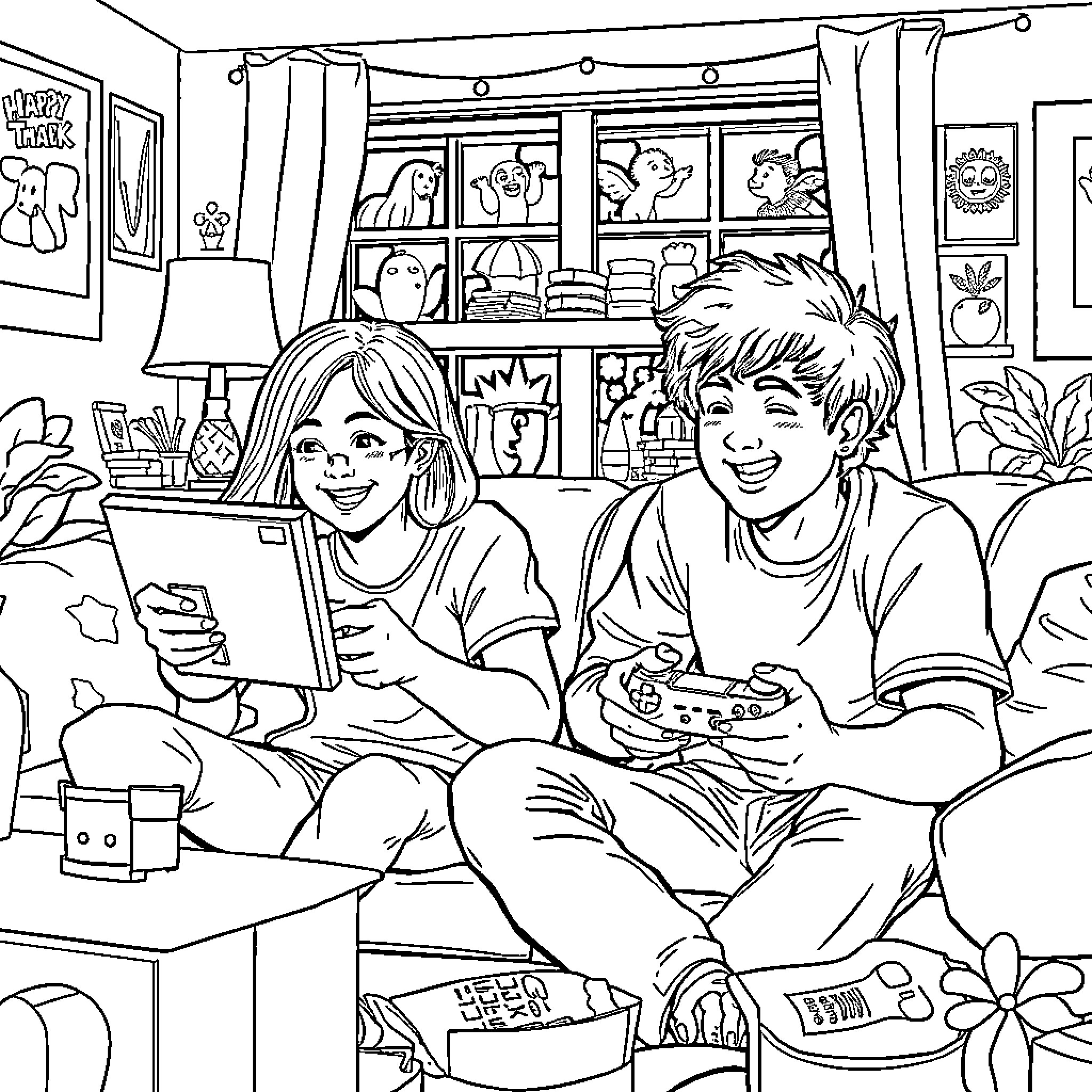 Seka's Gaming Adventure with a Friend Coloring Page (free black-and-white line drawing printable PDF for all, from beginners to advanced learners, including children, teens, adults, and seniors)