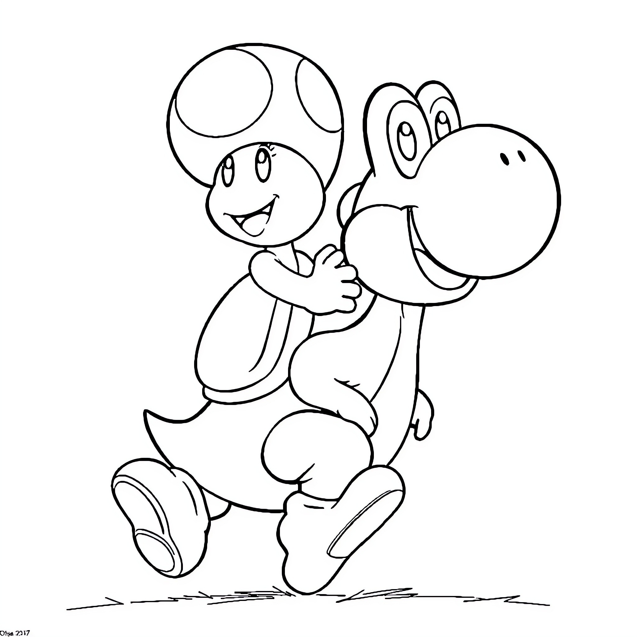 Toad walking happily with a friend Coloring Page (free black-and-white line drawing printable PDF for all, from beginners to advanced learners, including children, teens, adults, and seniors)