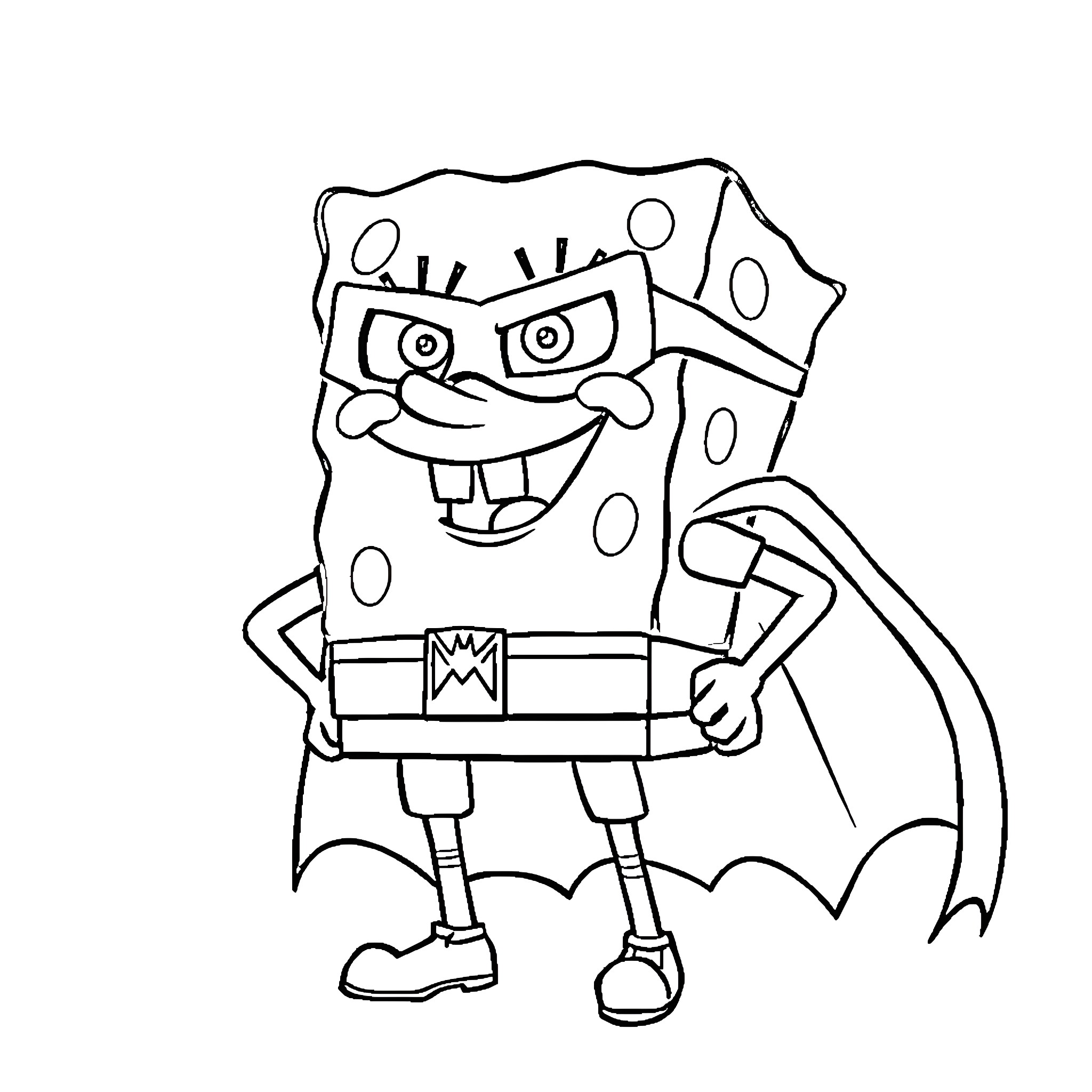 Spongebob in a silly superhero pose Coloring Page (free black-and-white line drawing printable PDF for all, from beginners to advanced learners, including children, teens, adults, and seniors)