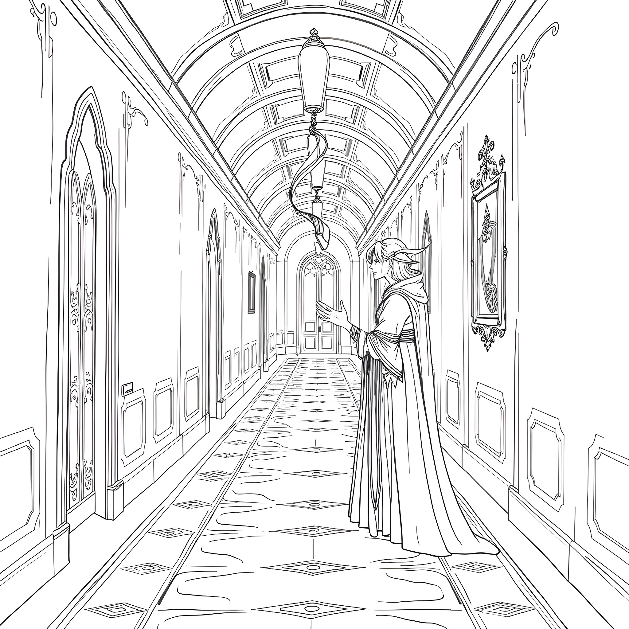 Rhysand walking through a grand cathedral Coloring Page (free black-and-white line drawing printable PDF for all, from beginners to advanced learners, including children, teens, adults, and seniors)