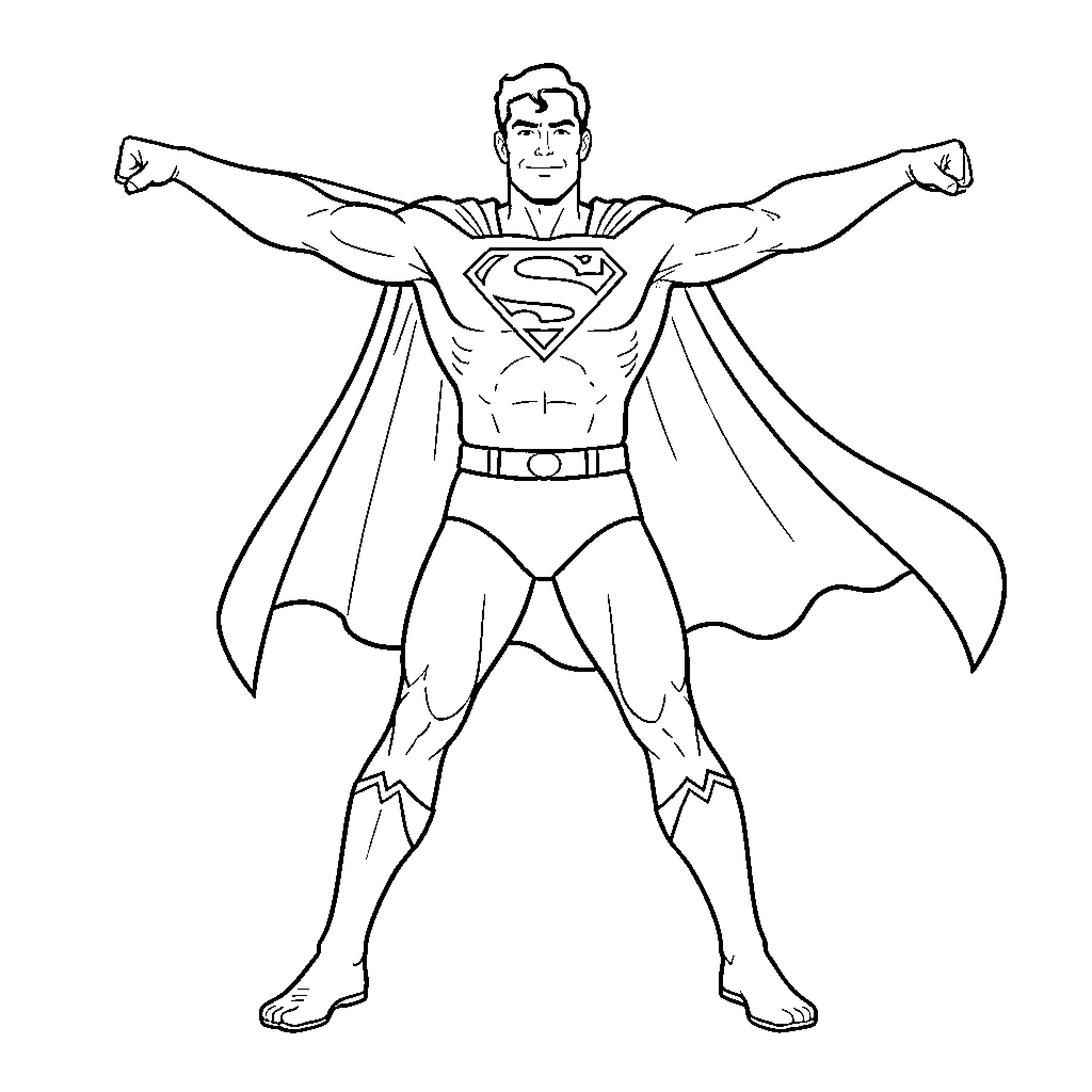 Superman standing heroically with arms outstretched Coloring Page (free black-and-white line drawing printable PDF for all, from beginners to advanced learners, including children, teens, adults, and seniors)