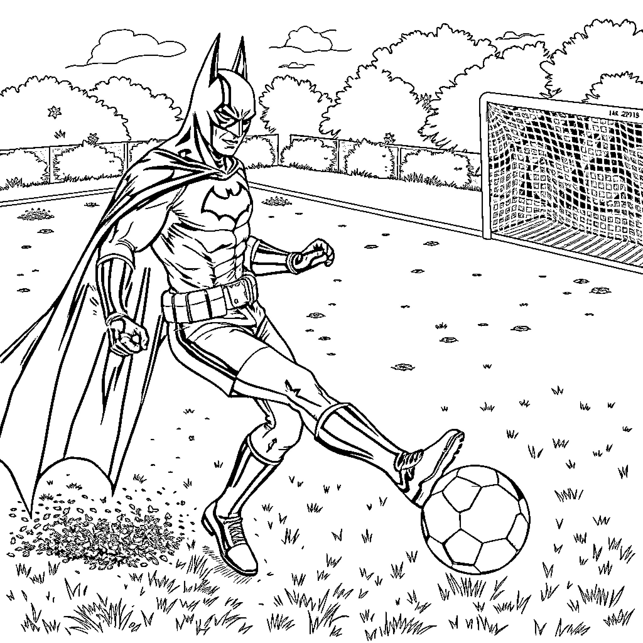 Batman playing soccer in the park Coloring Page (free black-and-white line drawing printable PDF for all, from beginners to advanced learners, including children, teens, adults, and seniors)