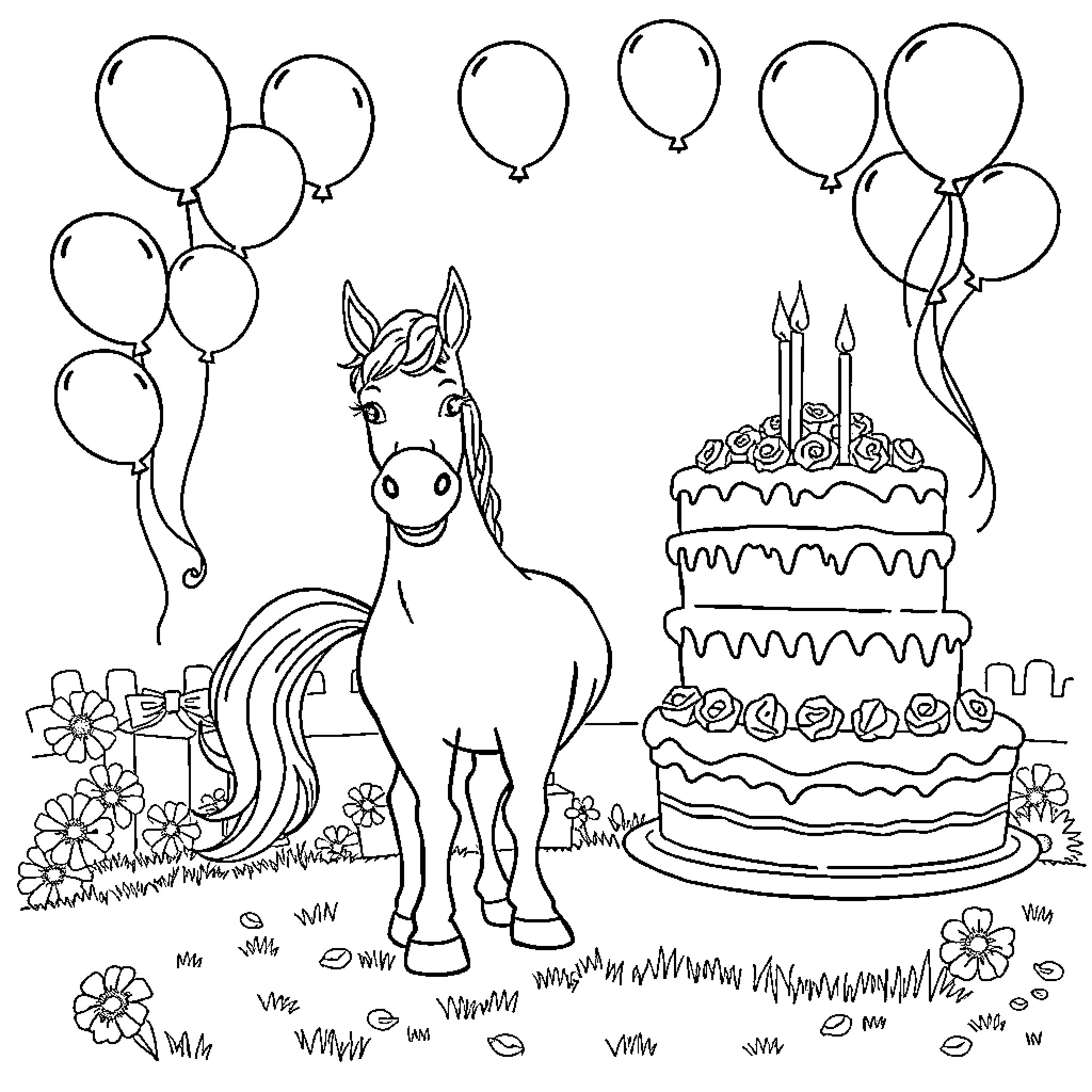 Pferd celebrating birthday with cake and balloons Coloring Page (free black-and-white line drawing printable PDF for all, from beginners to advanced learners, including children, teens, adults, and seniors)