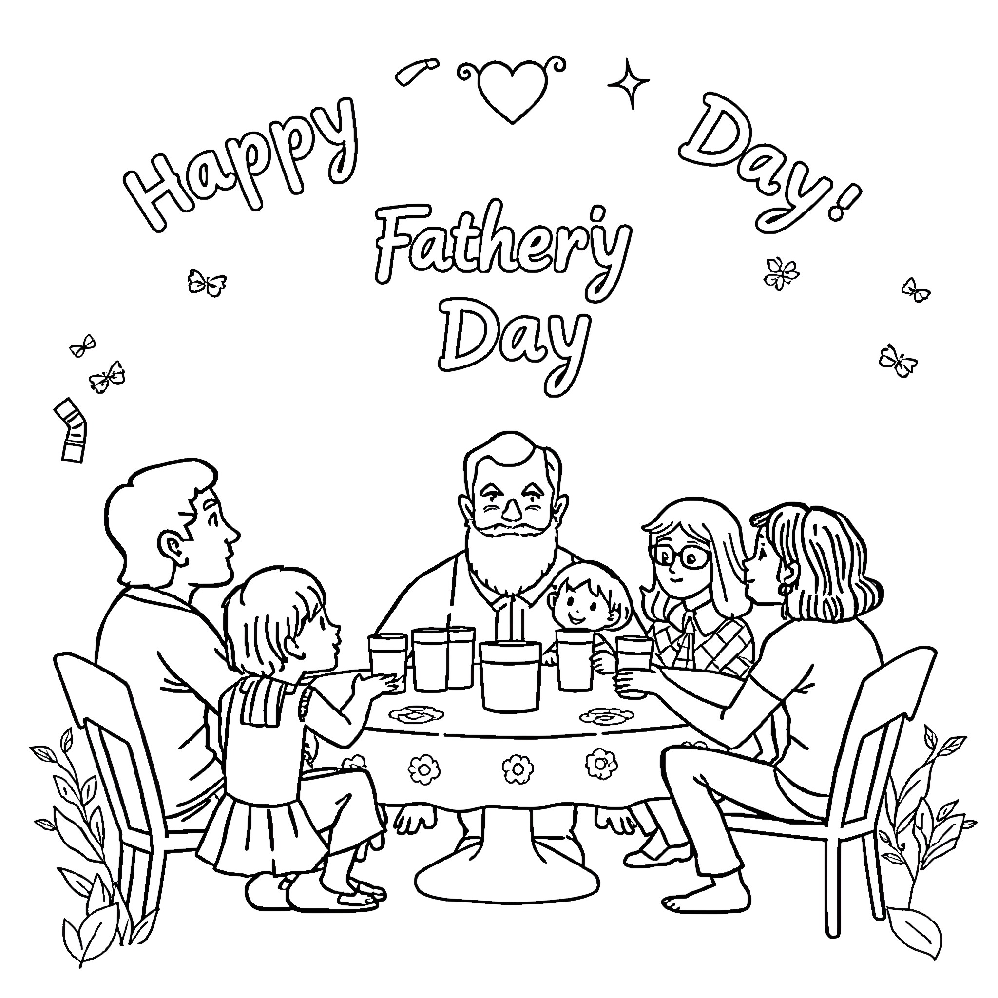 Father and family enjoying a happy day together Coloring Page (free black-and-white line drawing printable PDF for all, from beginners to advanced learners, including children, teens, adults, and seniors)