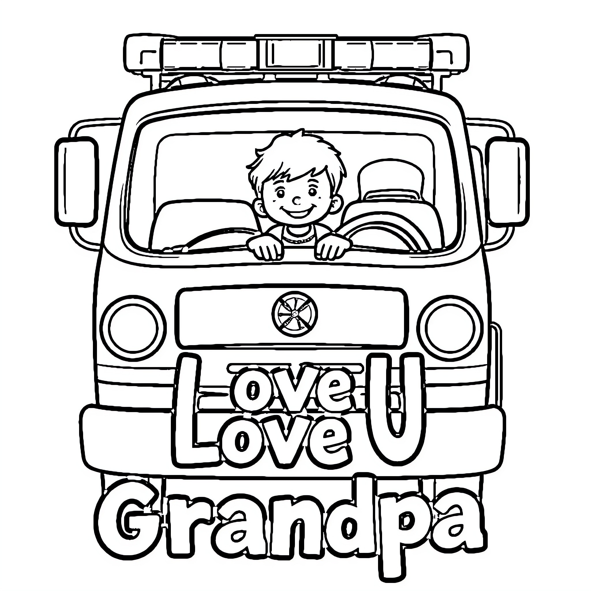 Firetruck with boy and 'Love U Grandpa' text Coloring Page (free black-and-white line drawing printable PDF for all, from beginners to advanced learners, including children, teens, adults, and seniors)
