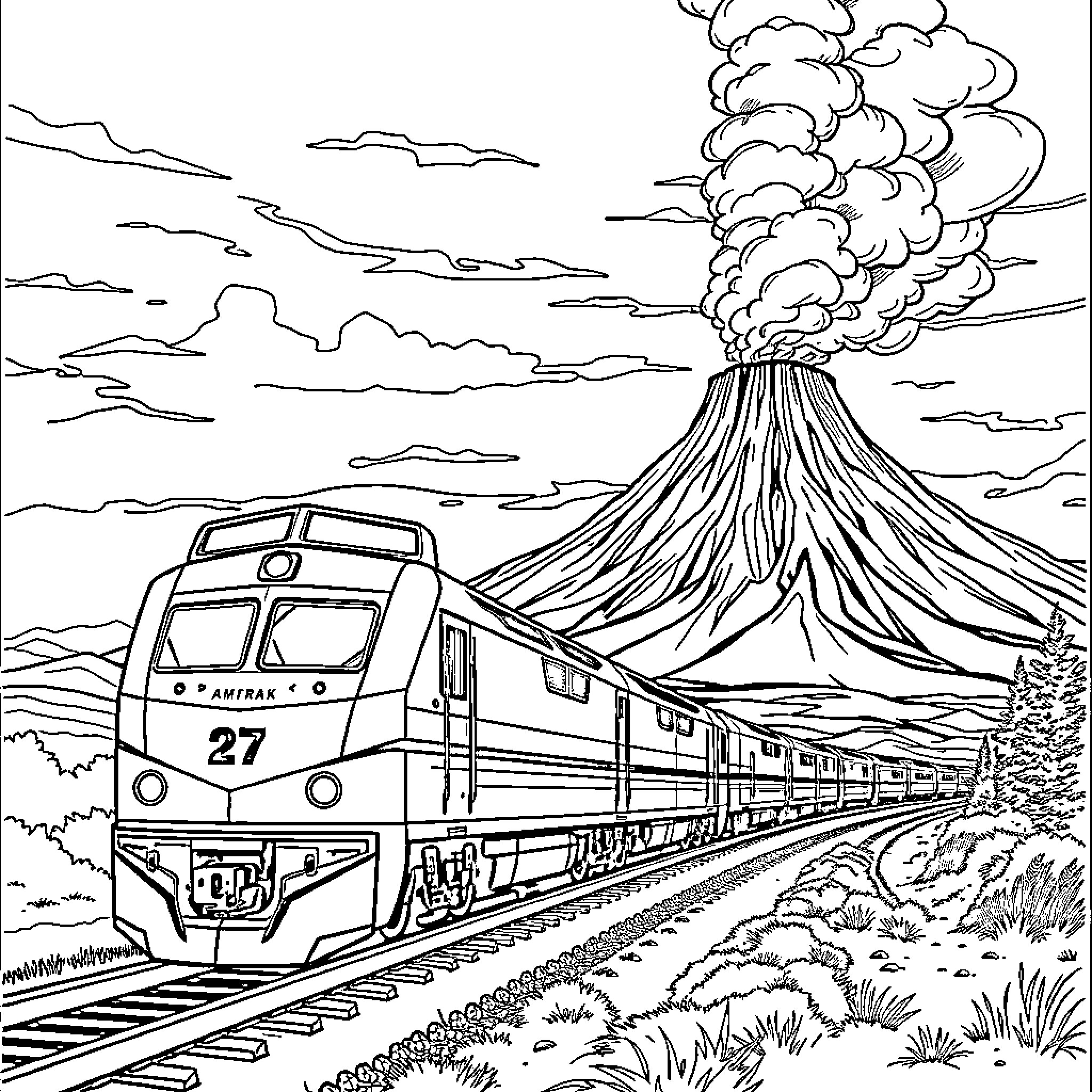 Train passing by a volcanic eruption Coloring Page (free black-and-white line drawing printable PDF for all, from beginners to advanced learners, including children, teens, adults, and seniors)