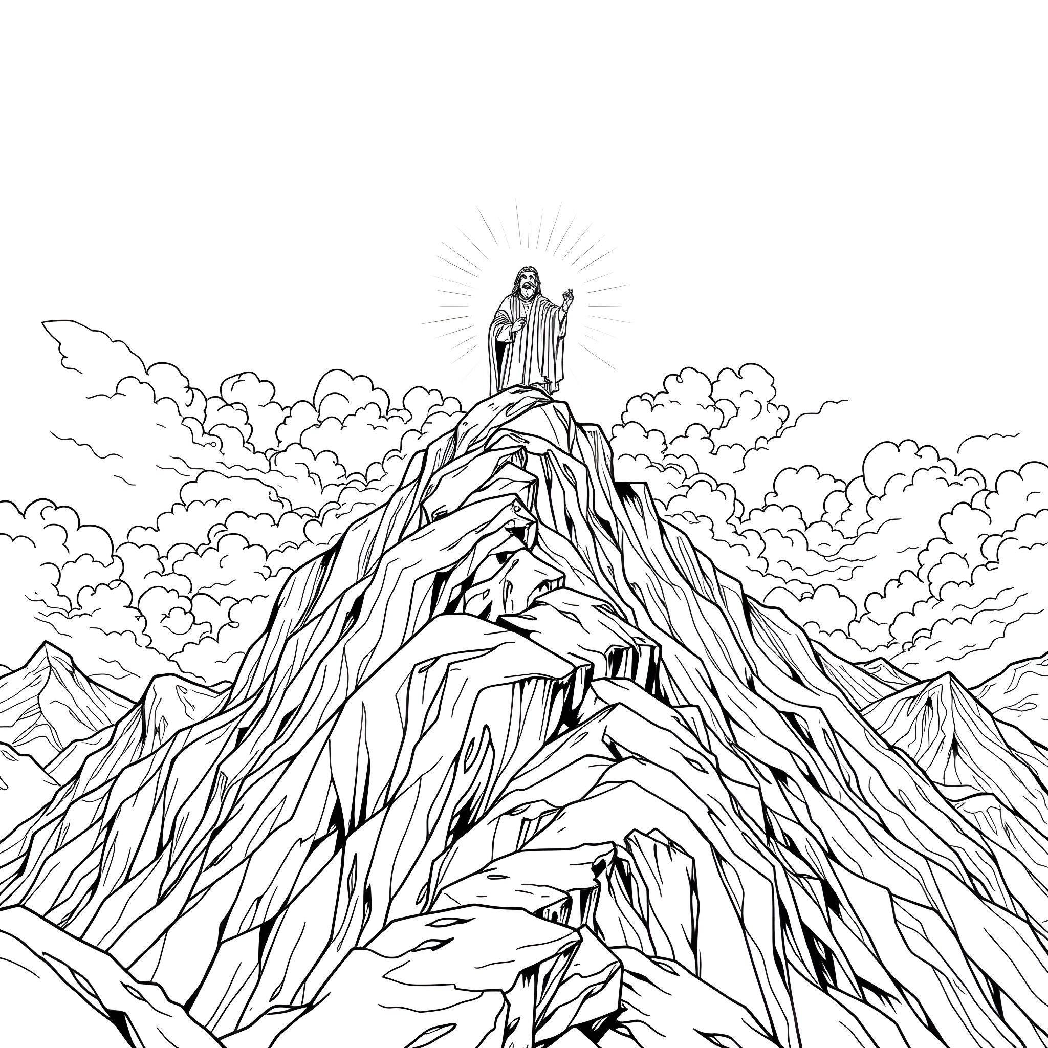Moses stands atop the majestic mountain Coloring Page (free black-and-white line drawing printable PDF for all, from beginners to advanced learners, including children, teens, adults, and seniors)