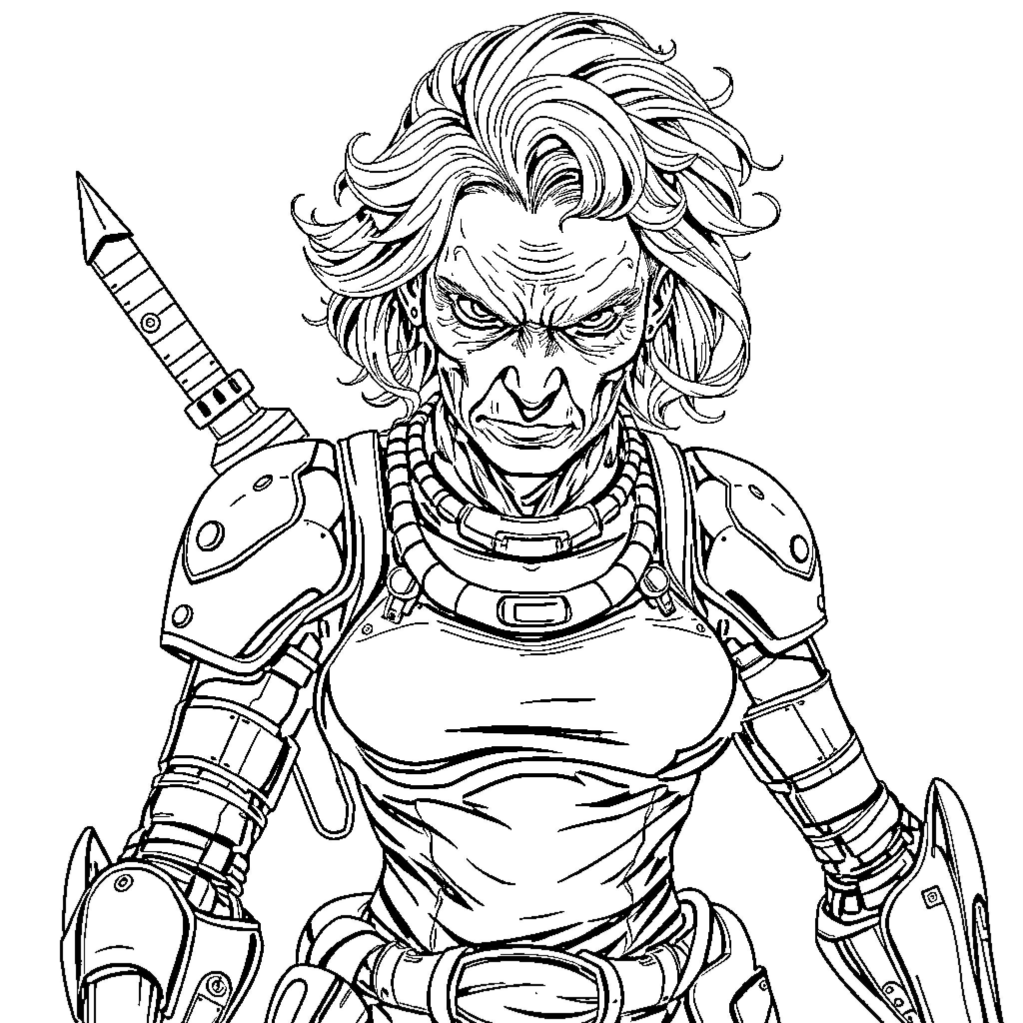 Cyborg warrior with fierce expression and robotic limbs Coloring Page (free black-and-white line drawing printable PDF for all, from beginners to advanced learners, including children, teens, adults, and seniors)