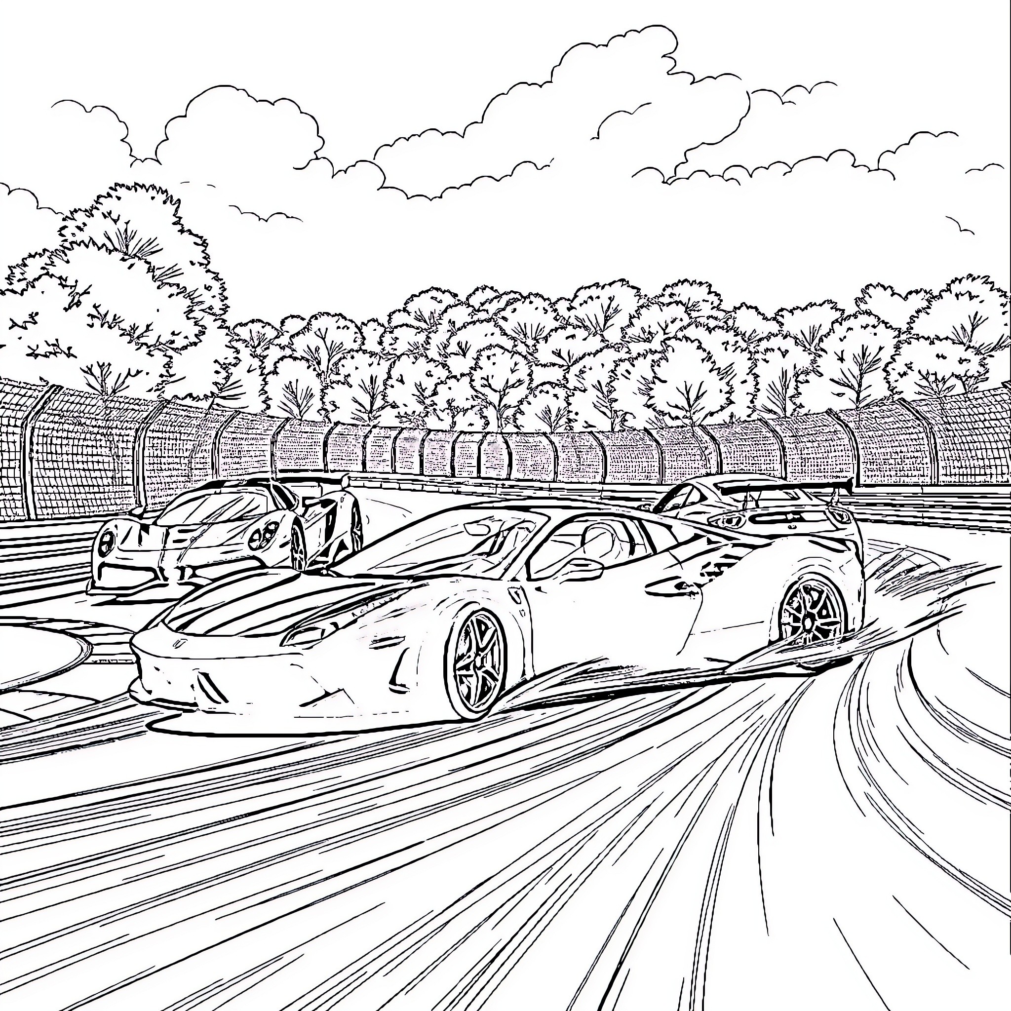 Ferrari race cars speeding on the track Coloring Page (free black-and-white line drawing printable PDF for all, from beginners to advanced learners, including children, teens, adults, and seniors)