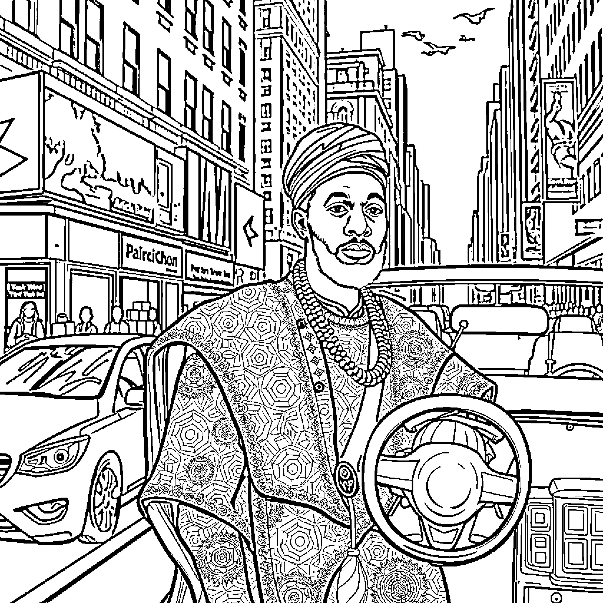 Man driving car in crowded city street Coloring Page (free black-and-white line drawing printable PDF for all, from beginners to advanced learners, including children, teens, adults, and seniors)