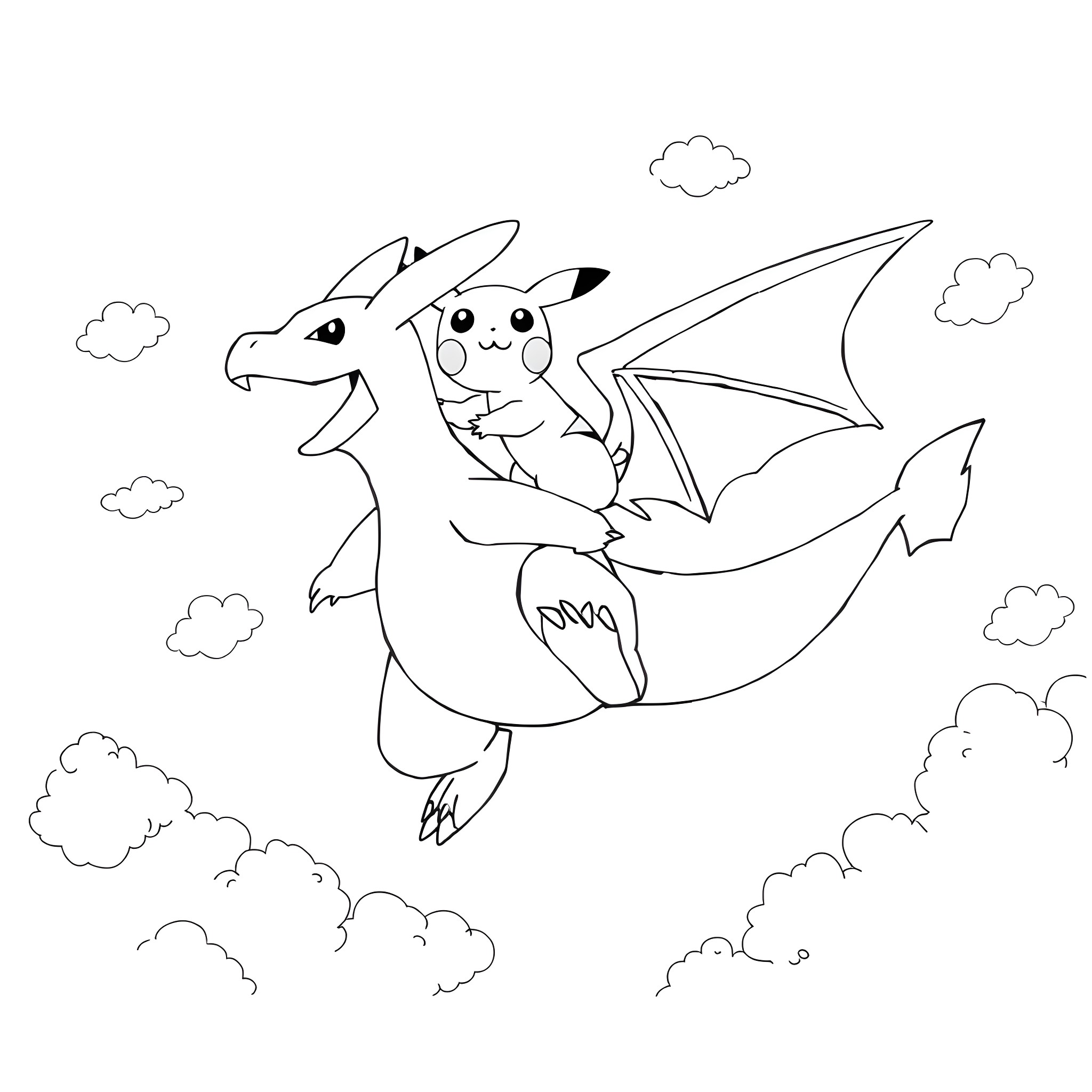 Pikachu riding a friendly dragon in the sky Coloring Page (free black-and-white line drawing printable PDF for all, from beginners to advanced learners, including children, teens, adults, and seniors)