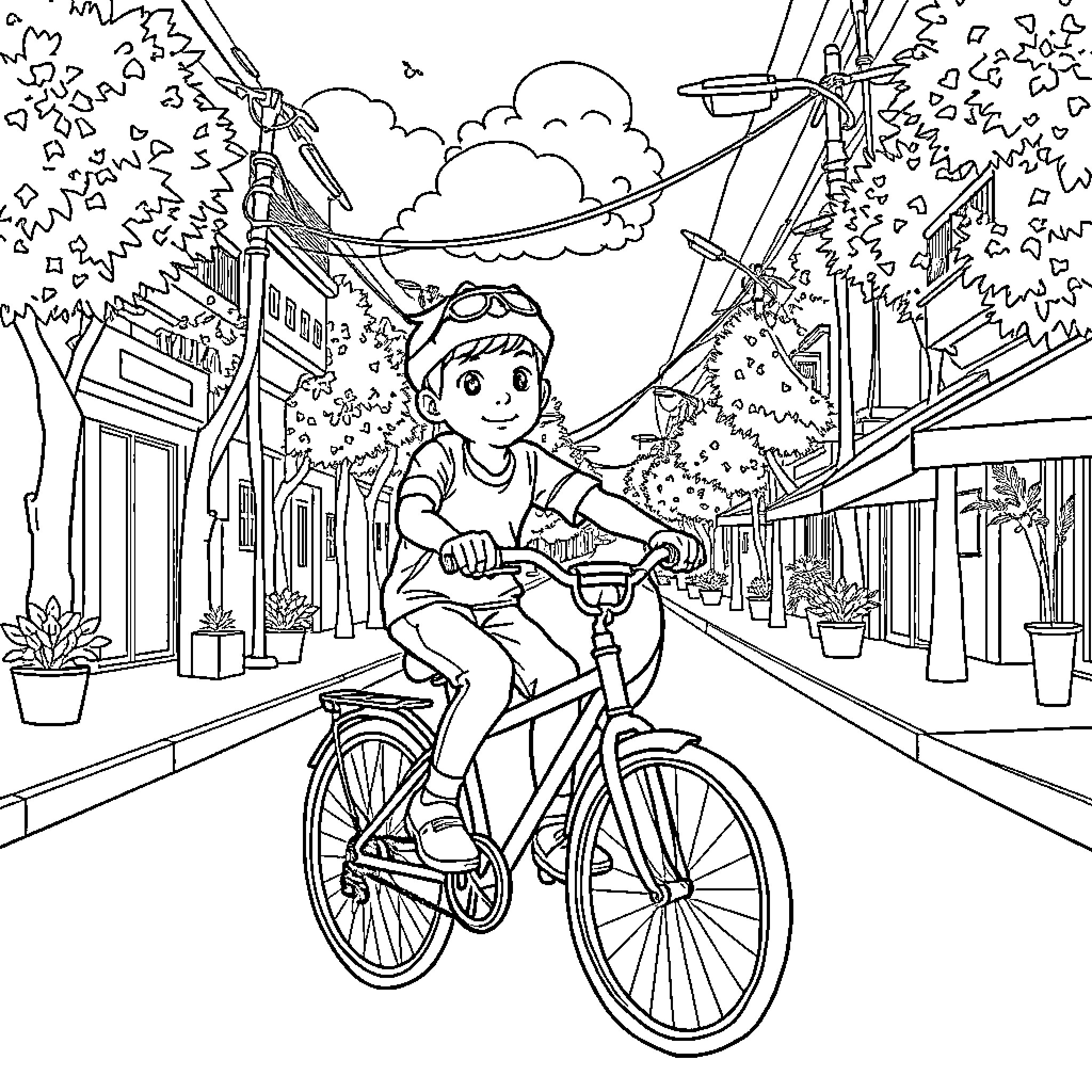Niño riding a bicycle in a city street Coloring Page (free black-and-white line drawing printable PDF for all, from beginners to advanced learners, including children, teens, adults, and seniors)