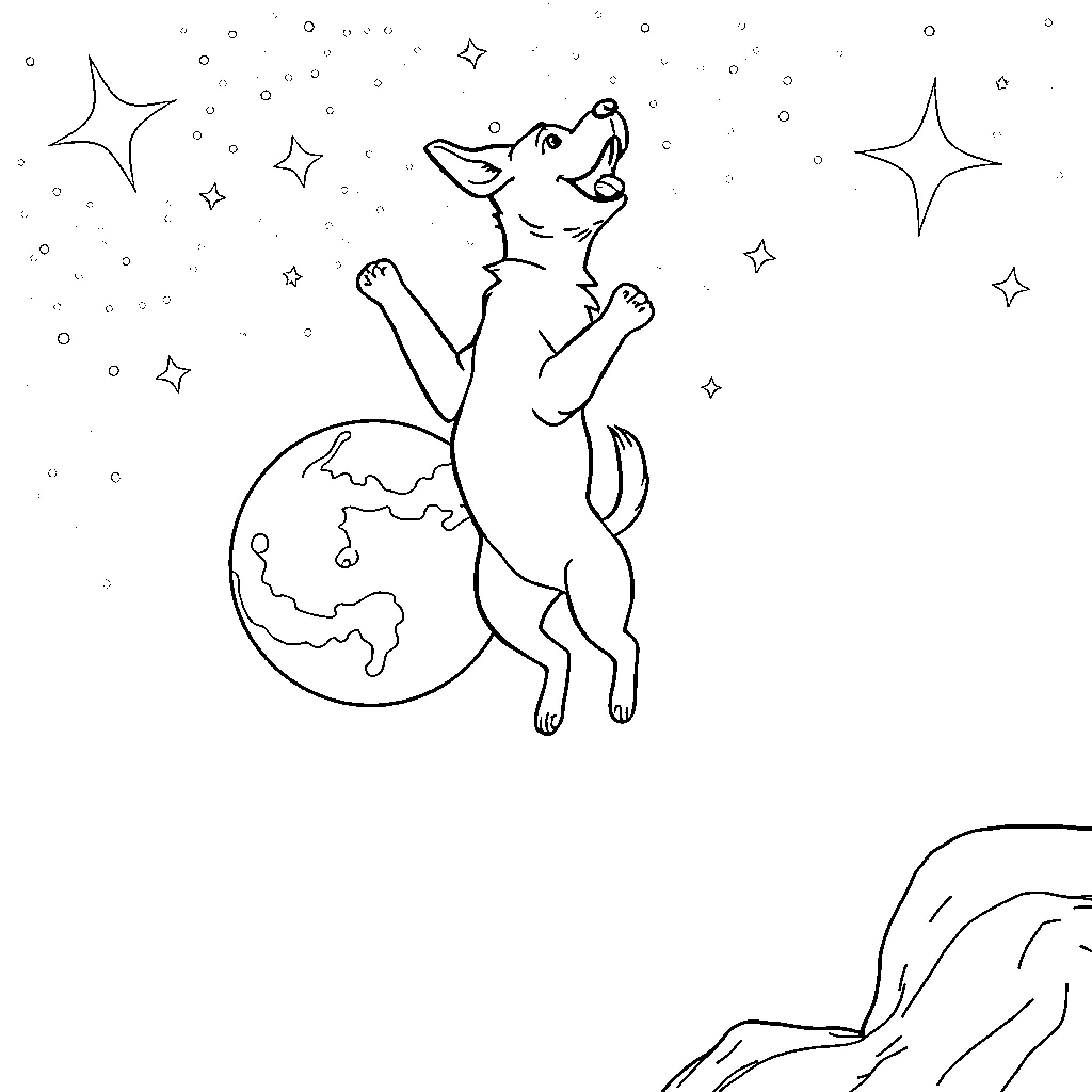 Dog celebrating under the night sky Coloring Page (free black-and-white line drawing printable PDF for all, from beginners to advanced learners, including children, teens, adults, and seniors)