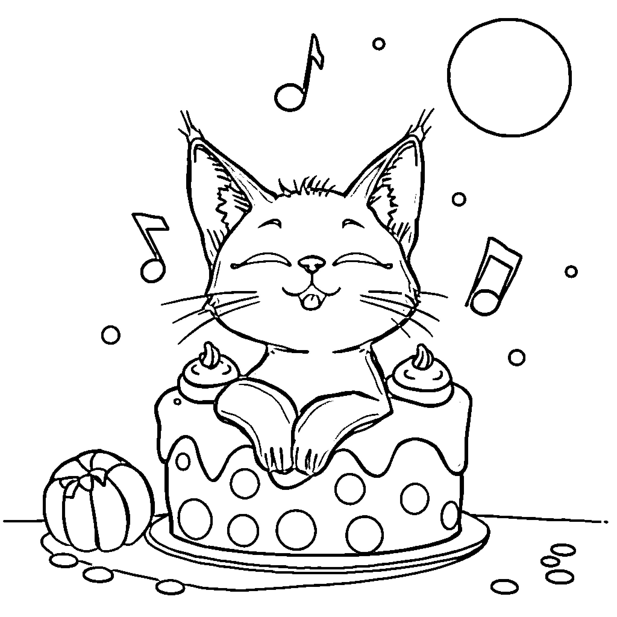 Cat enjoys music and cake Coloring Page (free black-and-white line drawing printable PDF for all, from beginners to advanced learners, including children, teens, adults, and seniors)