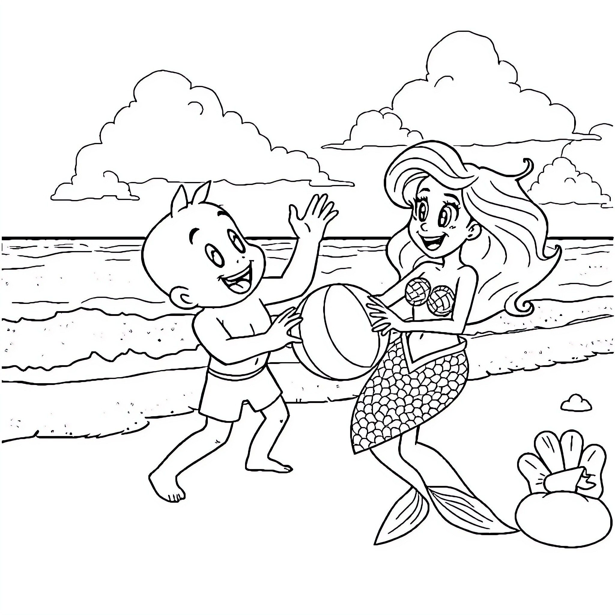 Ariel and Flounder playing on the beach Coloring Page (free black-and-white line drawing printable PDF for all, from beginners to advanced learners, including children, teens, adults, and seniors)