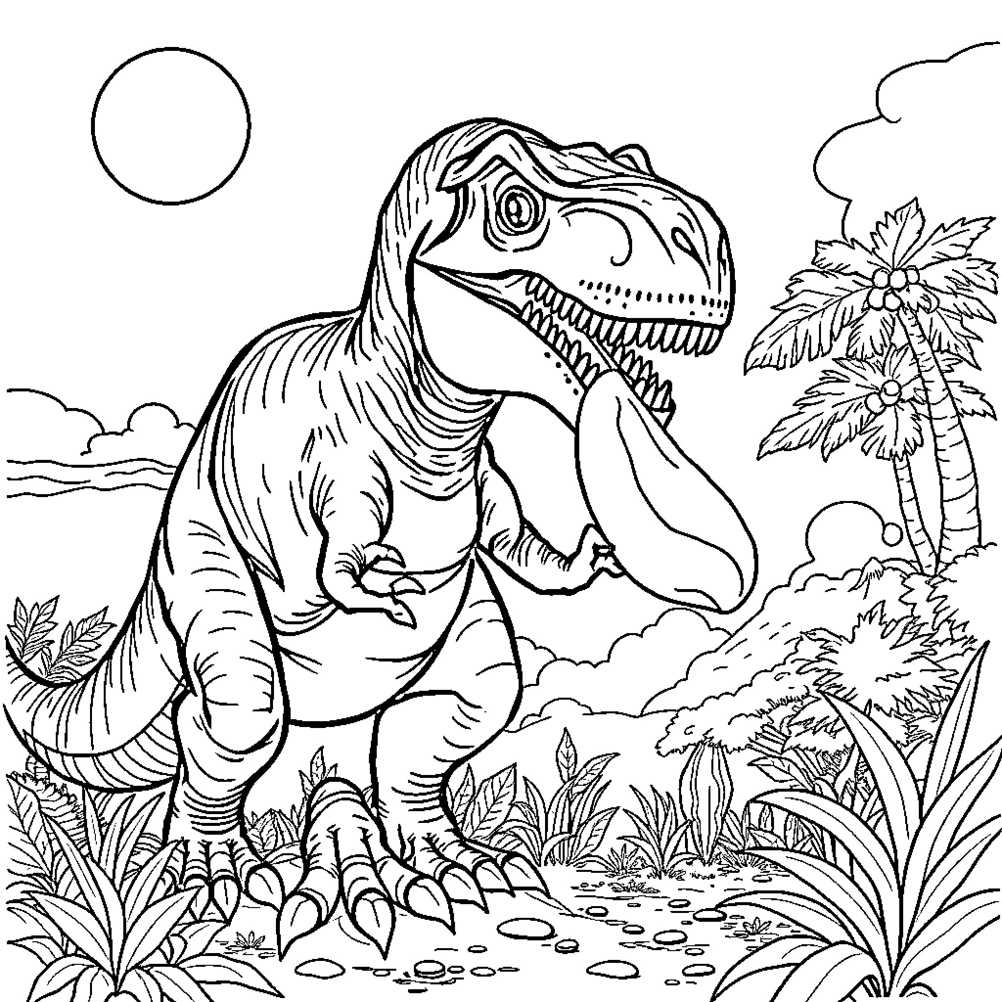 Dinosaur exploring lush tropical landscape Coloring Page (free black-and-white line drawing printable PDF for all, from beginners to advanced learners, including children, teens, adults, and seniors)