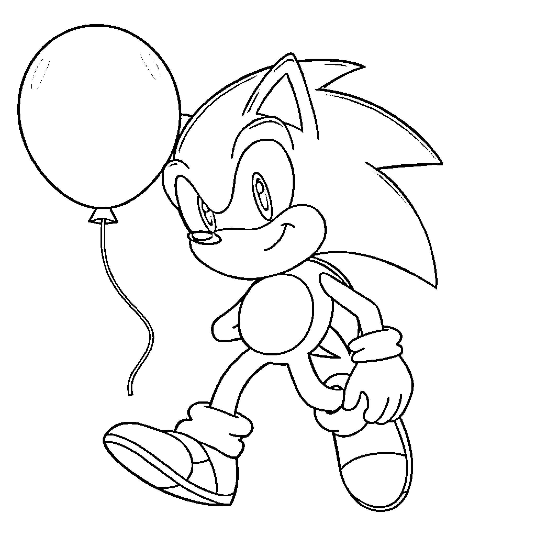 Sonic holding a balloon and smiling Coloring Page (free black-and-white line drawing printable PDF for all, from beginners to advanced learners, including children, teens, adults, and seniors)