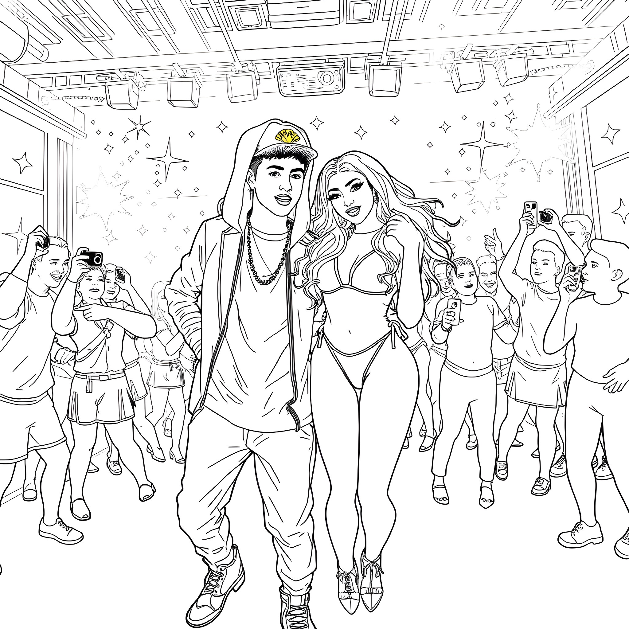 Justin Bieber and girlfriend enjoying a party with friends Coloring Page (free black-and-white line drawing printable PDF for all, from beginners to advanced learners, including children, teens, adults, and seniors)