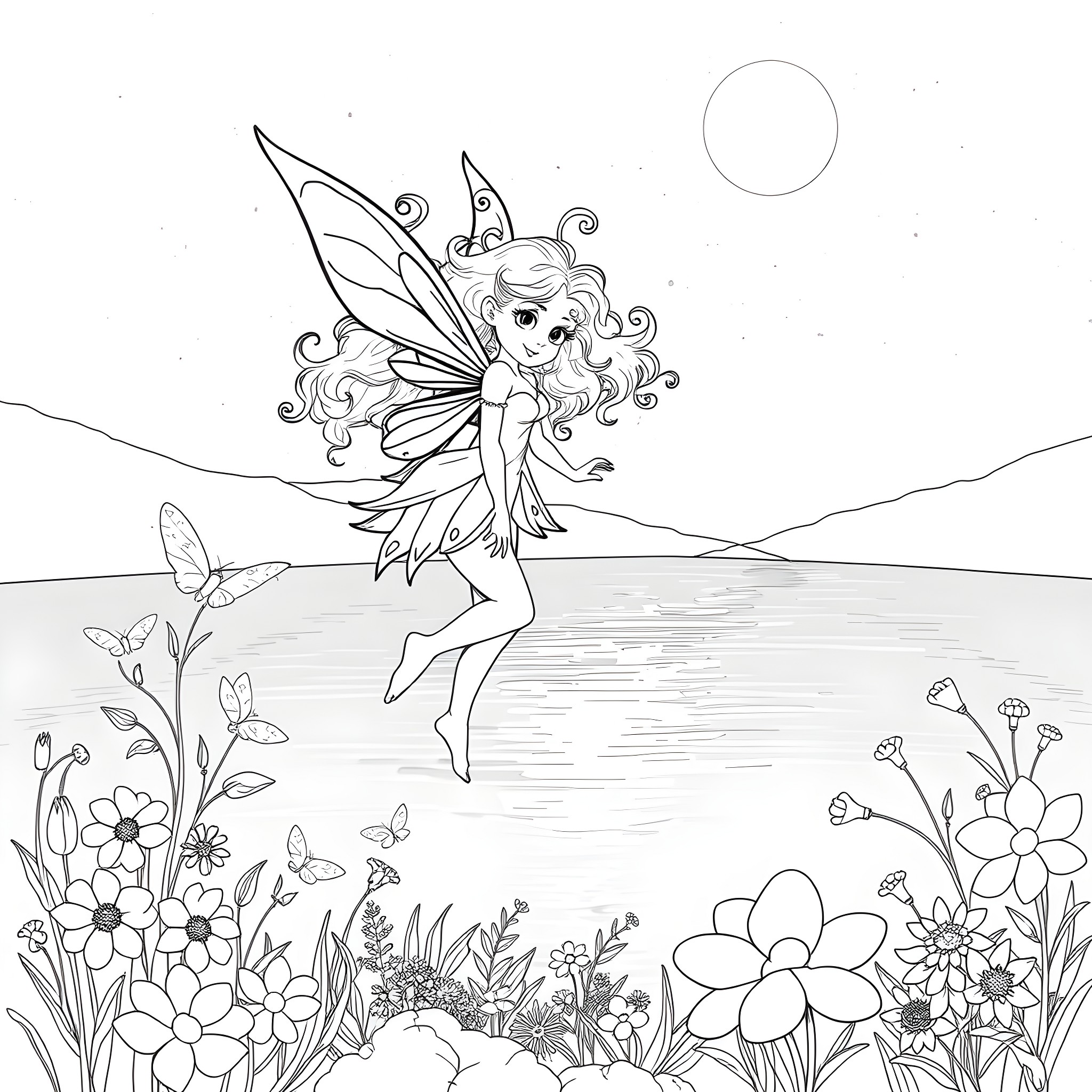 Fairy dancing gracefully among flowers and butterflies Coloring Page (free black-and-white line drawing printable PDF for all, from beginners to advanced learners, including children, teens, adults, and seniors)