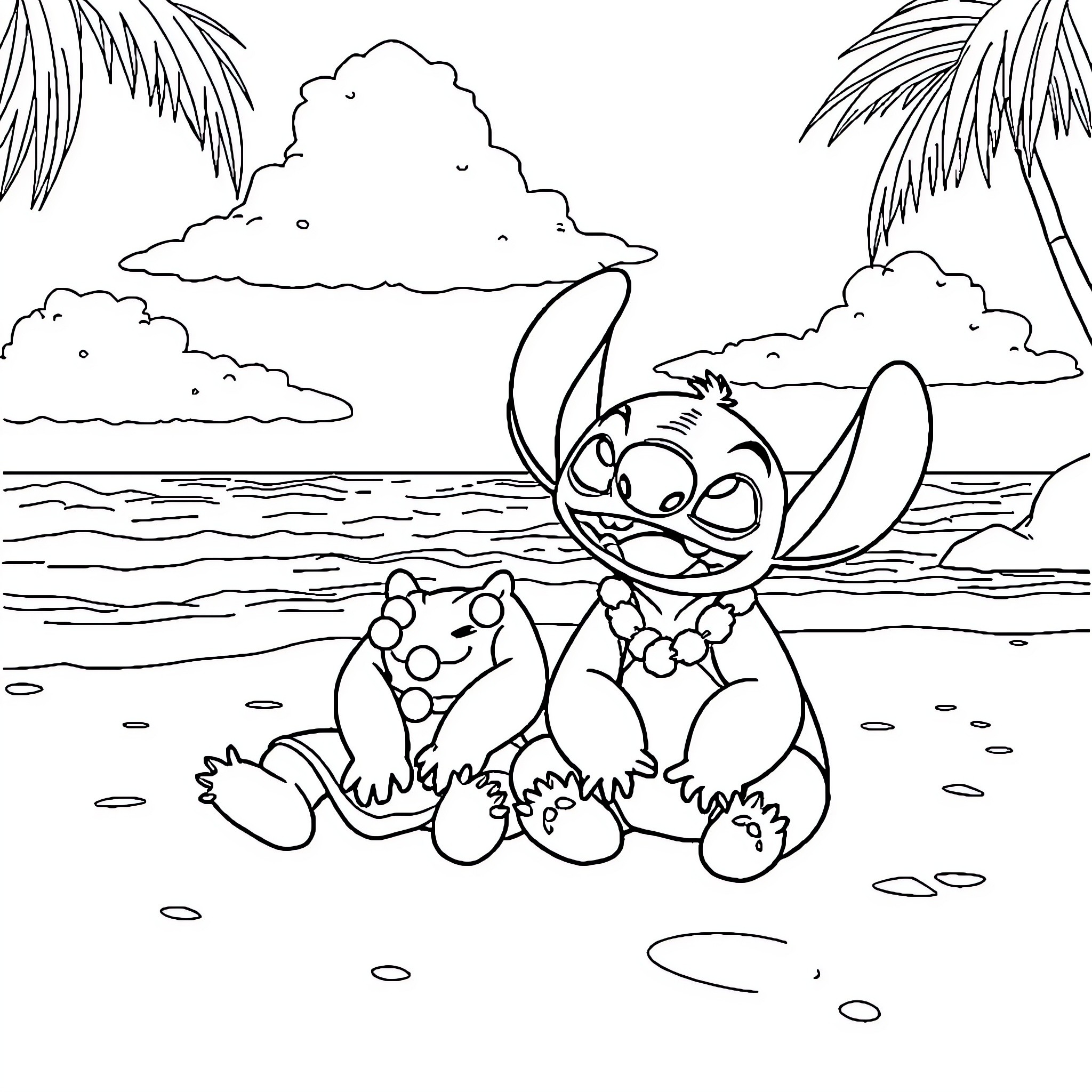 Lilo playing on the beach with a friendly creature Coloring Page (free black-and-white line drawing printable PDF for all, from beginners to advanced learners, including children, teens, adults, and seniors)