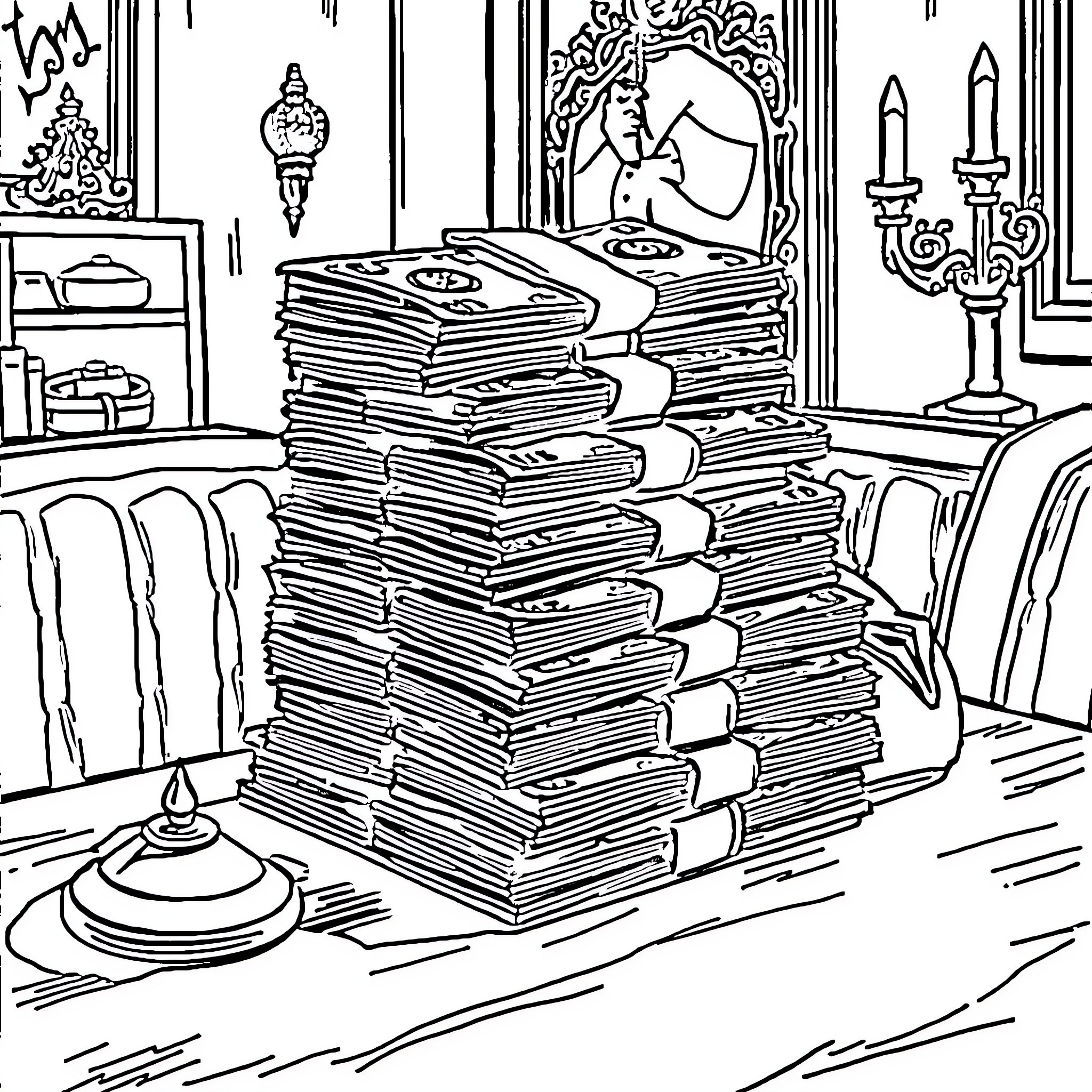 Money and Knowledge: Stacks of Books in Study Coloring Page (free black-and-white line drawing printable PDF for all, from beginners to advanced learners, including children, teens, adults, and seniors)