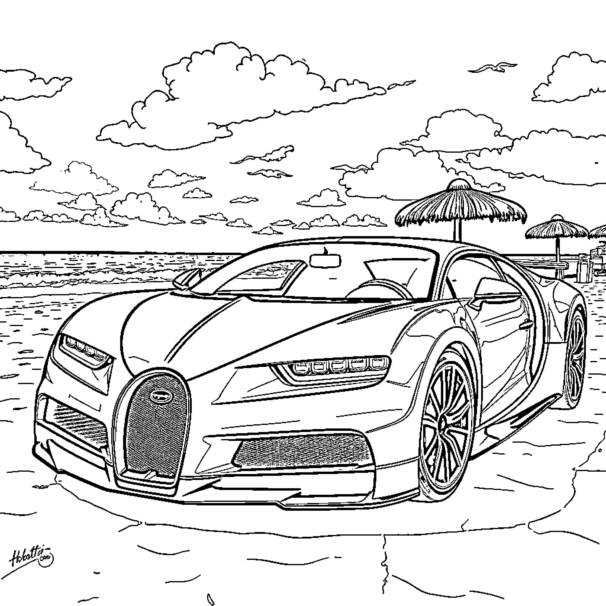 Bugatti sports car by the beach Coloring Page (free black-and-white line drawing printable PDF for all, from beginners to advanced learners, including children, teens, adults, and seniors)