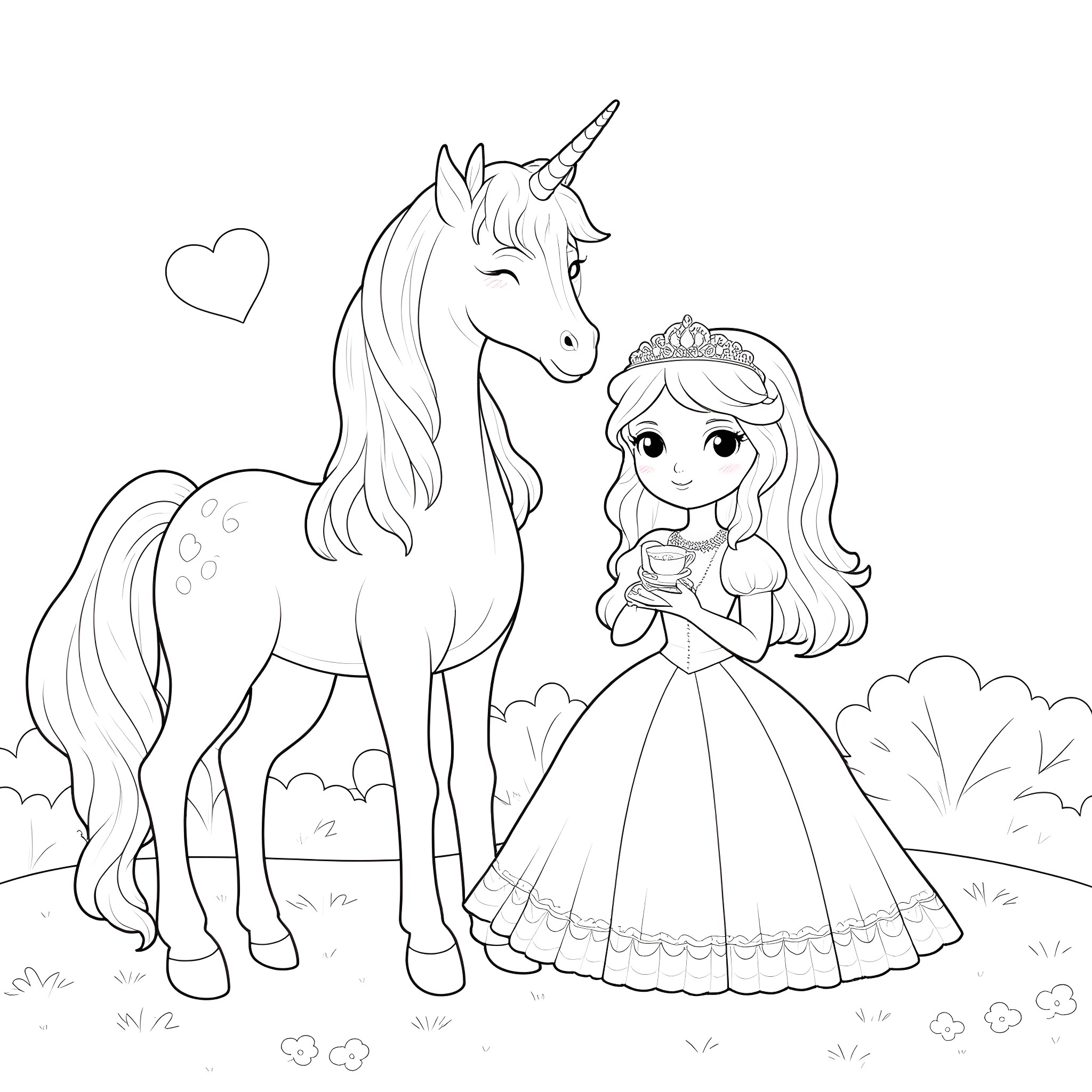 Unicorn and a princess enjoying nature Coloring Page (free black-and-white line drawing printable PDF for all, from beginners to advanced learners, including children, teens, adults, and seniors)
