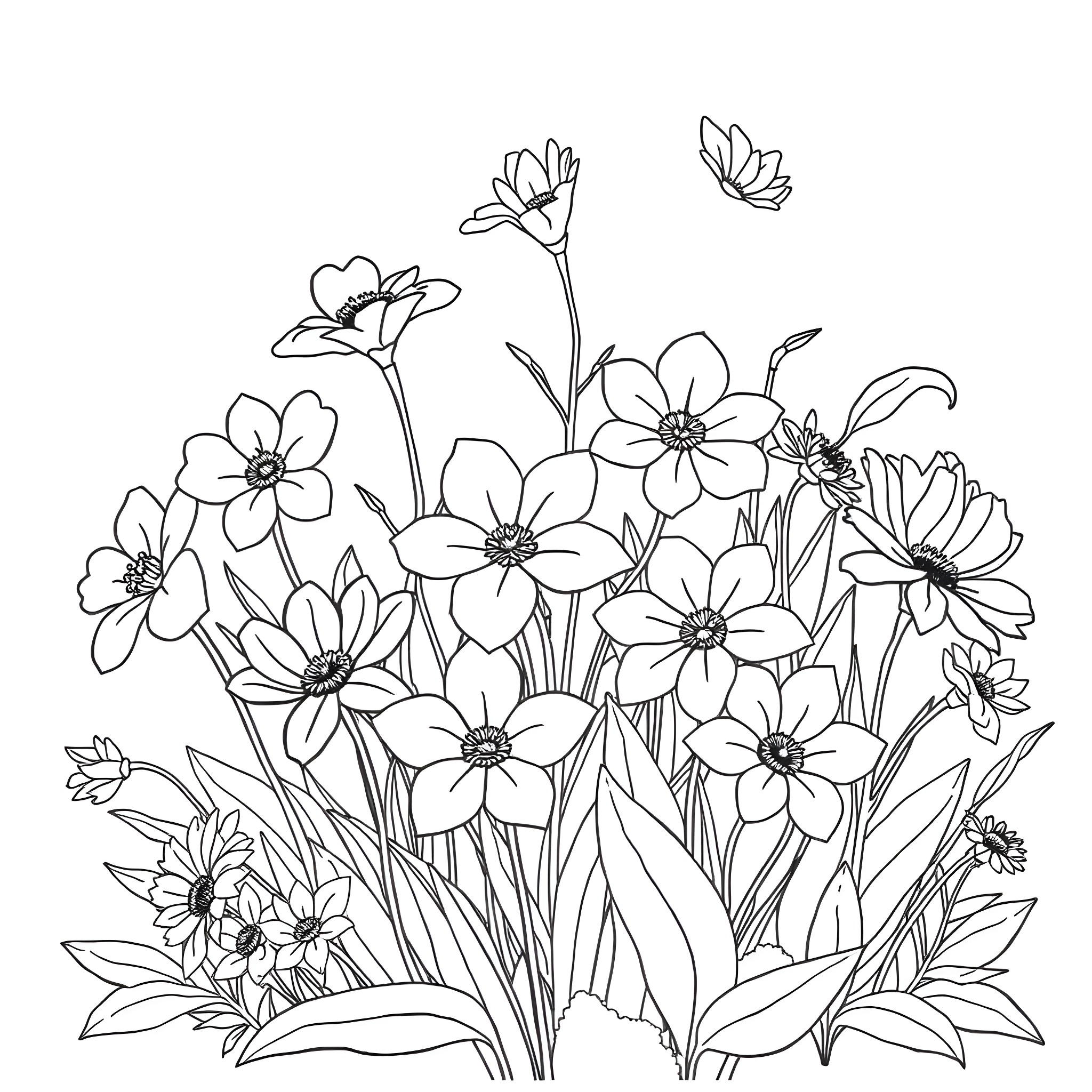 Flower field with blooming floral pattern Coloring Page (free black-and-white line drawing printable PDF for all, from beginners to advanced learners, including children, teens, adults, and seniors)