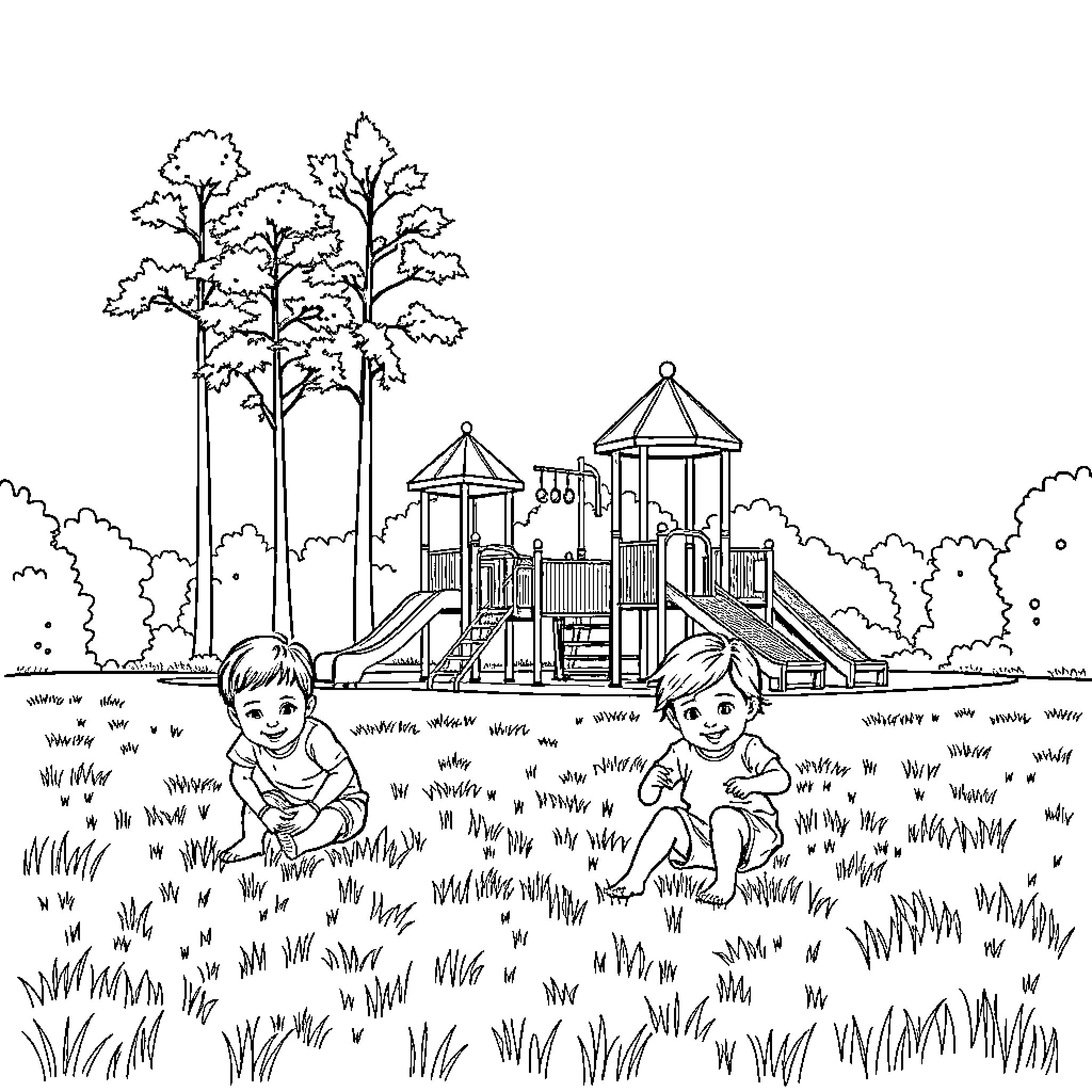 Kid playing at the playground near the trees Coloring Page (free black-and-white line drawing printable PDF for all, from beginners to advanced learners, including children, teens, adults, and seniors)