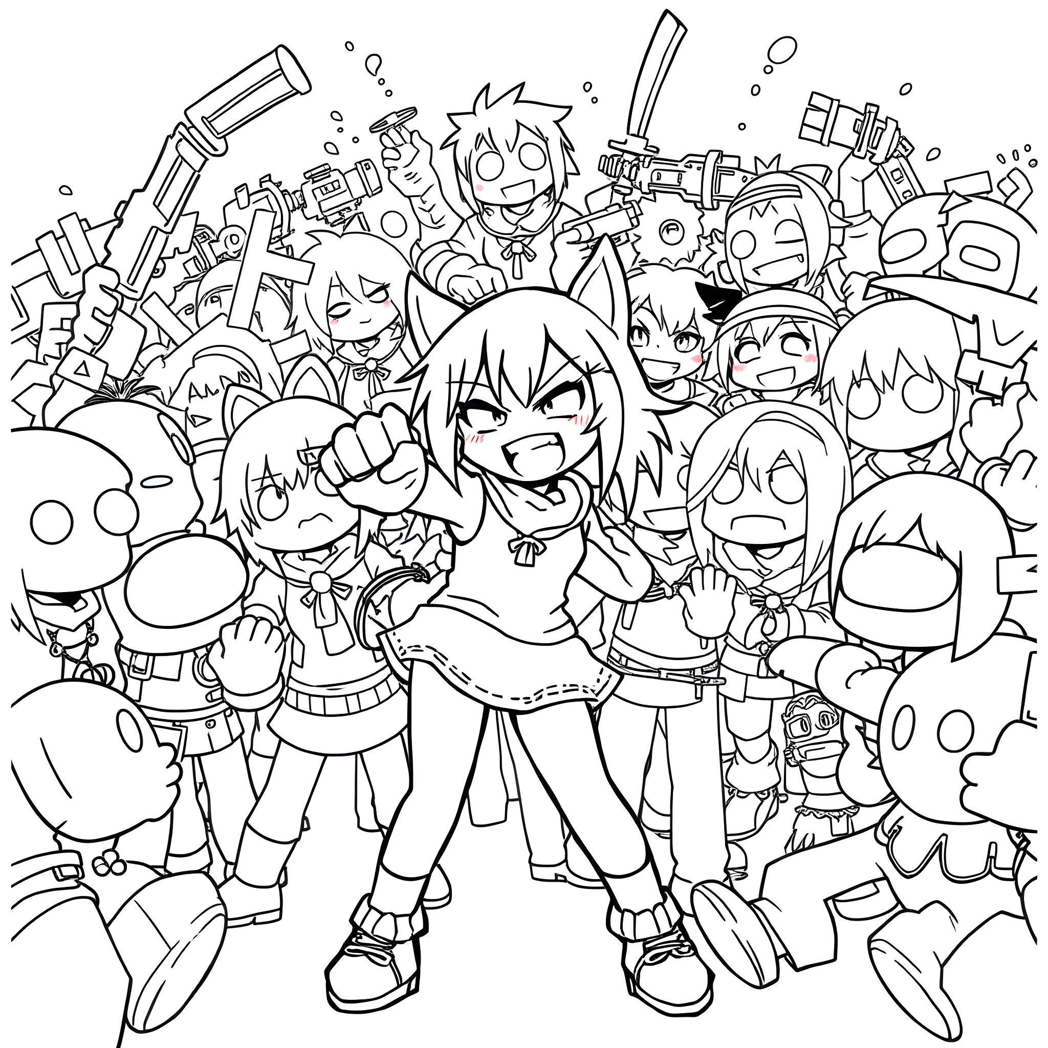 Kuromi and friends in a playful adventure Coloring Page (free black-and-white line drawing printable PDF for all, from beginners to advanced learners, including children, teens, adults, and seniors)