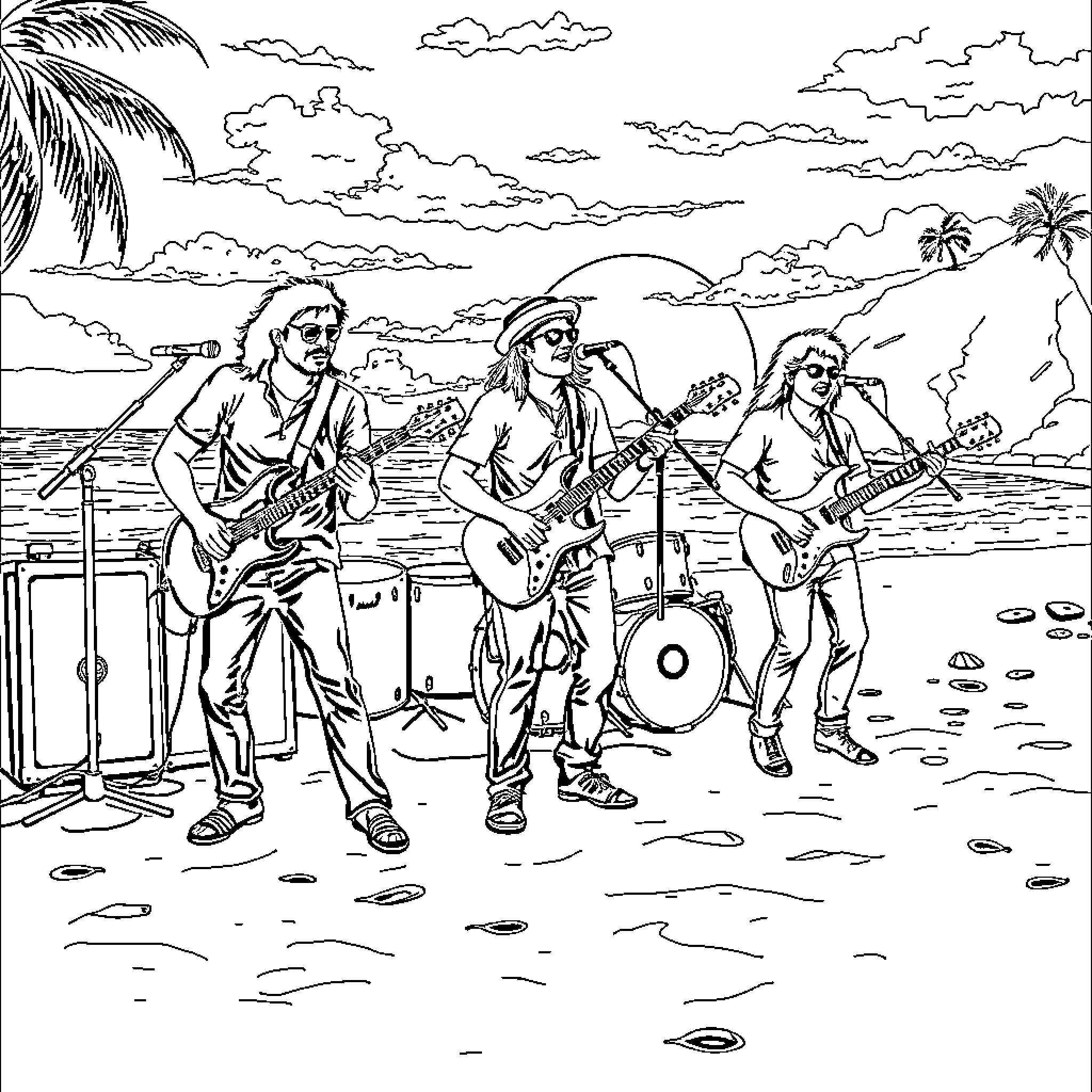 Rock Band Performing on Tropical Beach Coloring Page (free black-and-white line drawing printable PDF for all, from beginners to advanced learners, including children, teens, adults, and seniors)