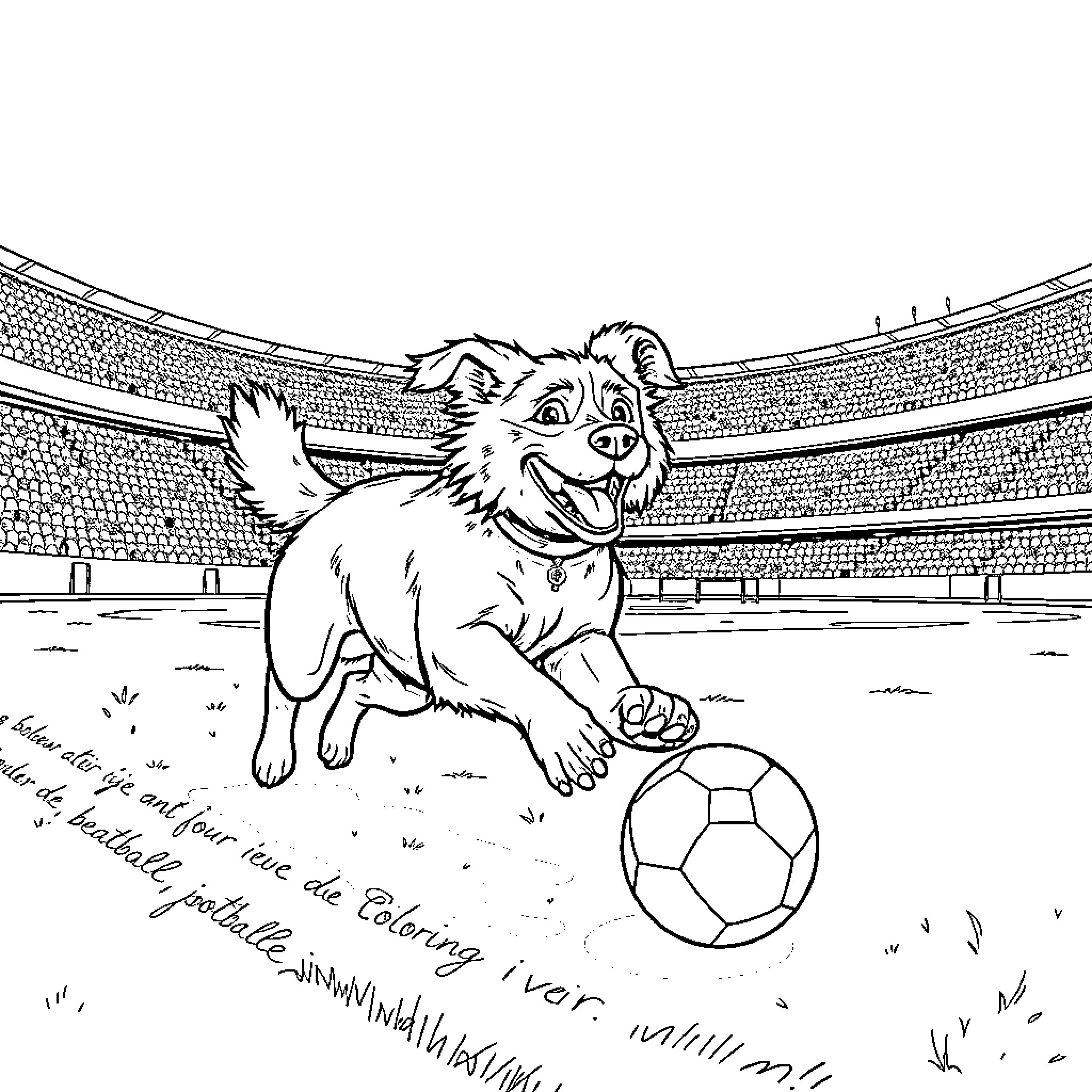 Dog playing with soccer ball in sports stadium Coloring Page (free black-and-white line drawing printable PDF for all, from beginners to advanced learners, including children, teens, adults, and seniors)
